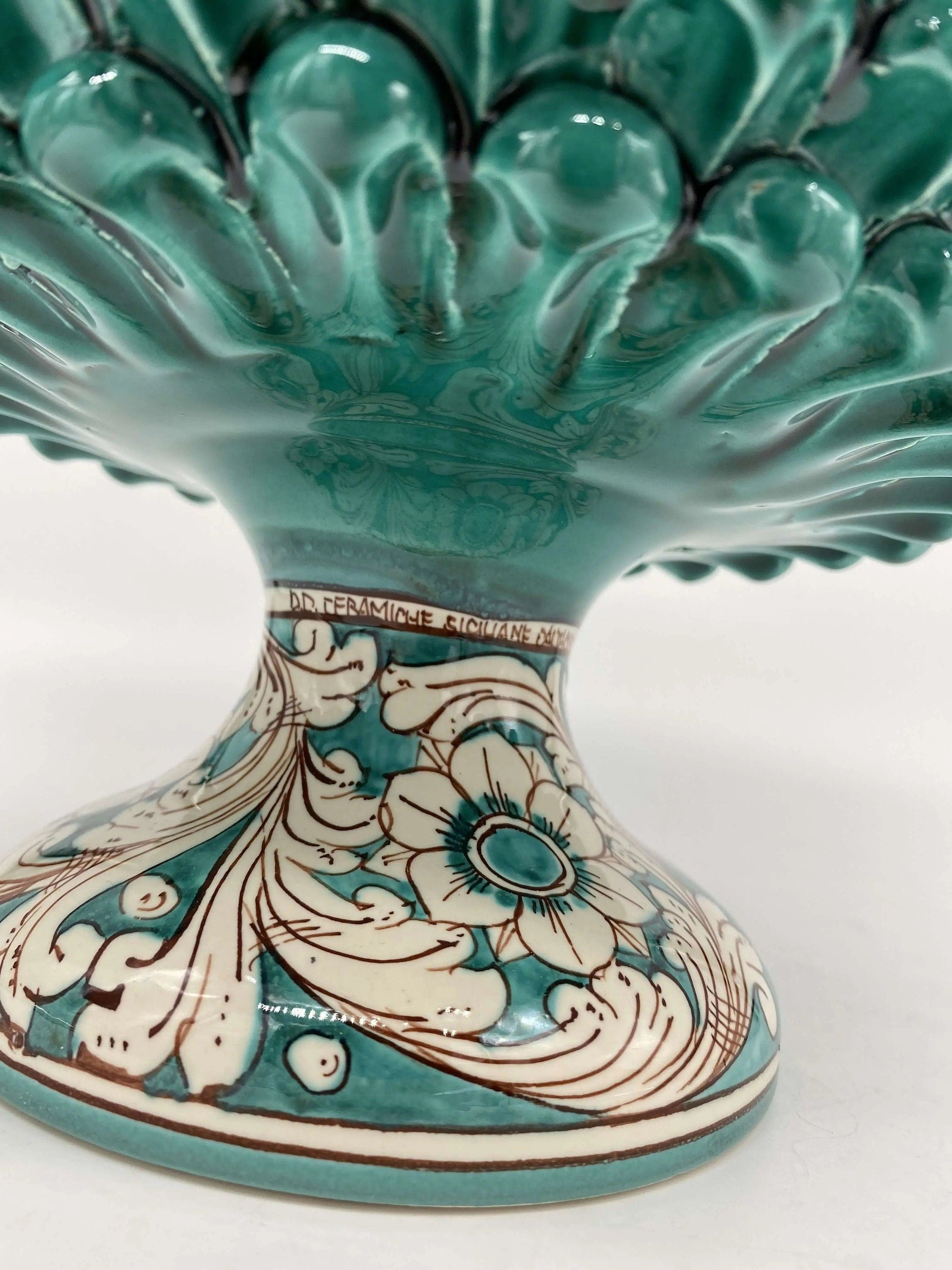 Portavaso Mezza Pigna Ceramica Caltagirone cm H.20 L.20 Artigianale Verde Cristallo Base Decorata DD CERAMICHE SICILIANE