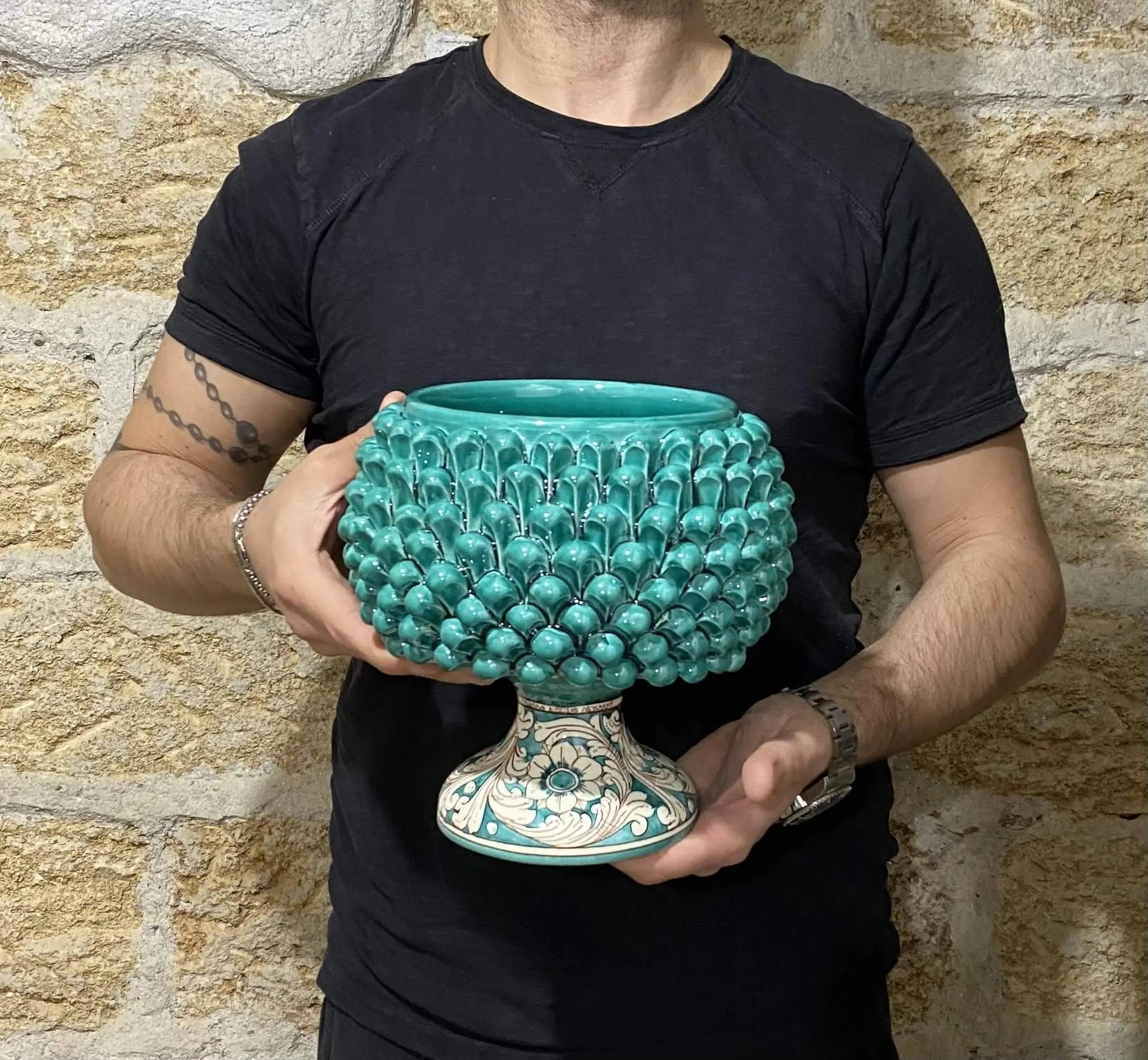 Portavaso Mezza Pigna Ceramica Caltagirone cm H.20 L.20 Artigianale Verde Cristallo Base Decorata DD CERAMICHE SICILIANE