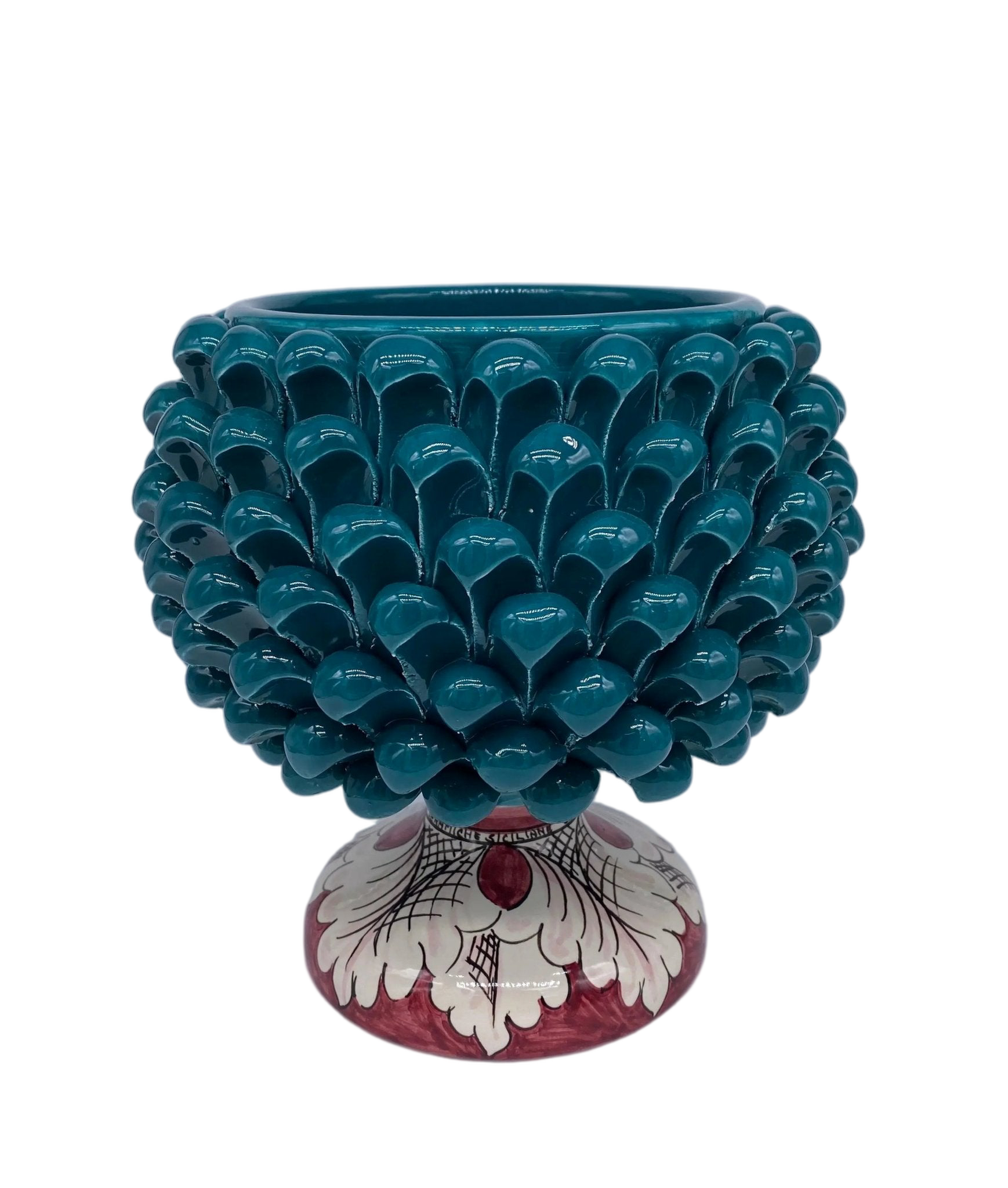 Portavaso Mezza Pigna Ceramica Caltagirone cm H.20 L.20 Artigianale Verde Ottanio Base Decorata - DD CERAMICHE SICILIANE