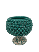 Portavaso Mezza Pigna Ceramica Caltagirone cm H.20 L.20 Artigianale Verde Cristallo Base Decorata - DD CERAMICHE SICILIANE