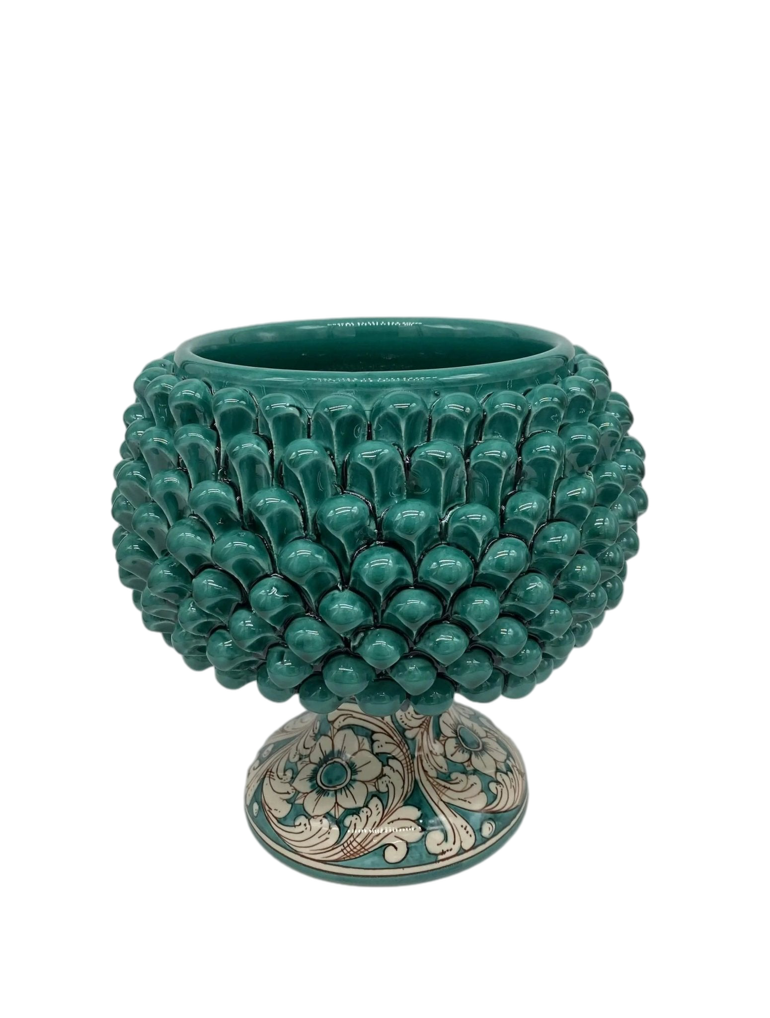 Portavaso Mezza Pigna Ceramica Caltagirone cm H.20 L.20 Artigianale Verde Cristallo Base Decorata - DD CERAMICHE SICILIANE