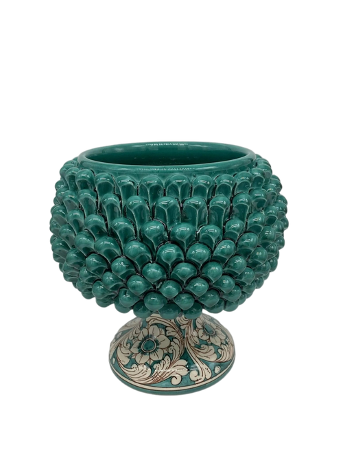 Portavaso Mezza Pigna Ceramica Caltagirone cm H.20 L.20 Artigianale Verde Cristallo Base Decorata - DD CERAMICHE SICILIANE