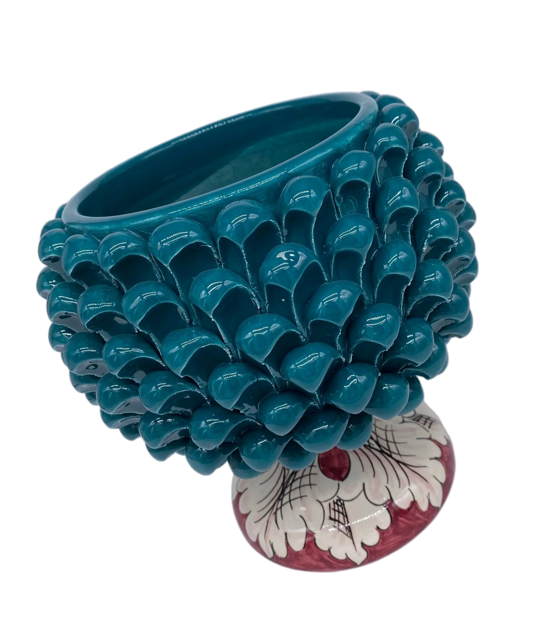 Portavaso Mezza Pigna Ceramica Caltagirone cm H.20 L.20 Artigianale Verde Ottanio Base Decorata - DD CERAMICHE SICILIANE