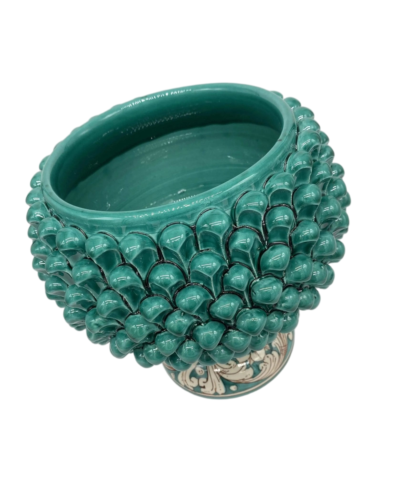 Portavaso Mezza Pigna Ceramica Caltagirone cm H.20 L.20 Artigianale Verde Cristallo Base Decorata - DD CERAMICHE SICILIANE