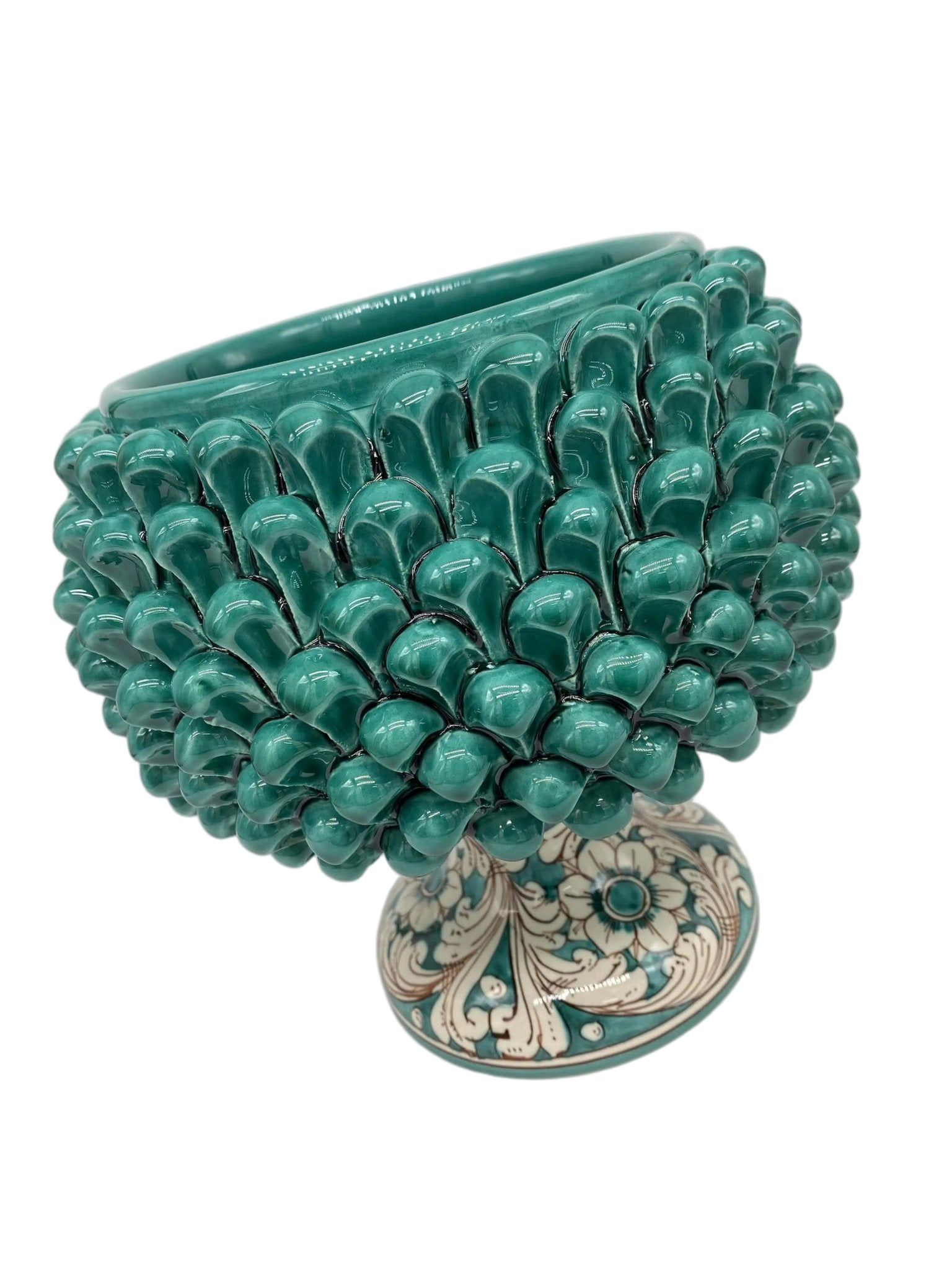 Portavaso Mezza Pigna Ceramica Caltagirone cm H.20 L.20 Artigianale Verde Cristallo Base Decorata - DD CERAMICHE SICILIANE