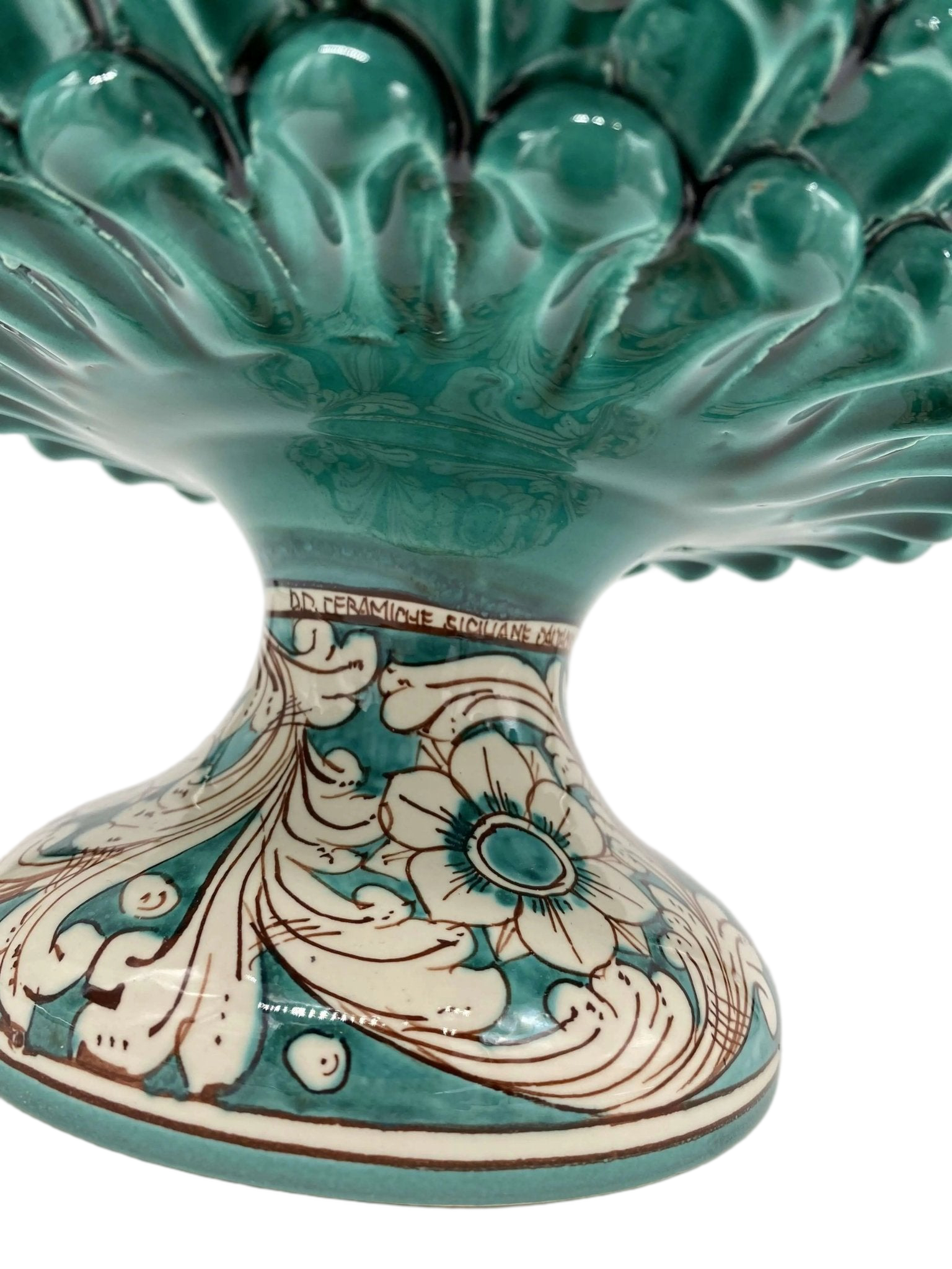 Portavaso Mezza Pigna Ceramica Caltagirone cm H.20 L.20 Artigianale Verde Cristallo Base Decorata - DD CERAMICHE SICILIANE