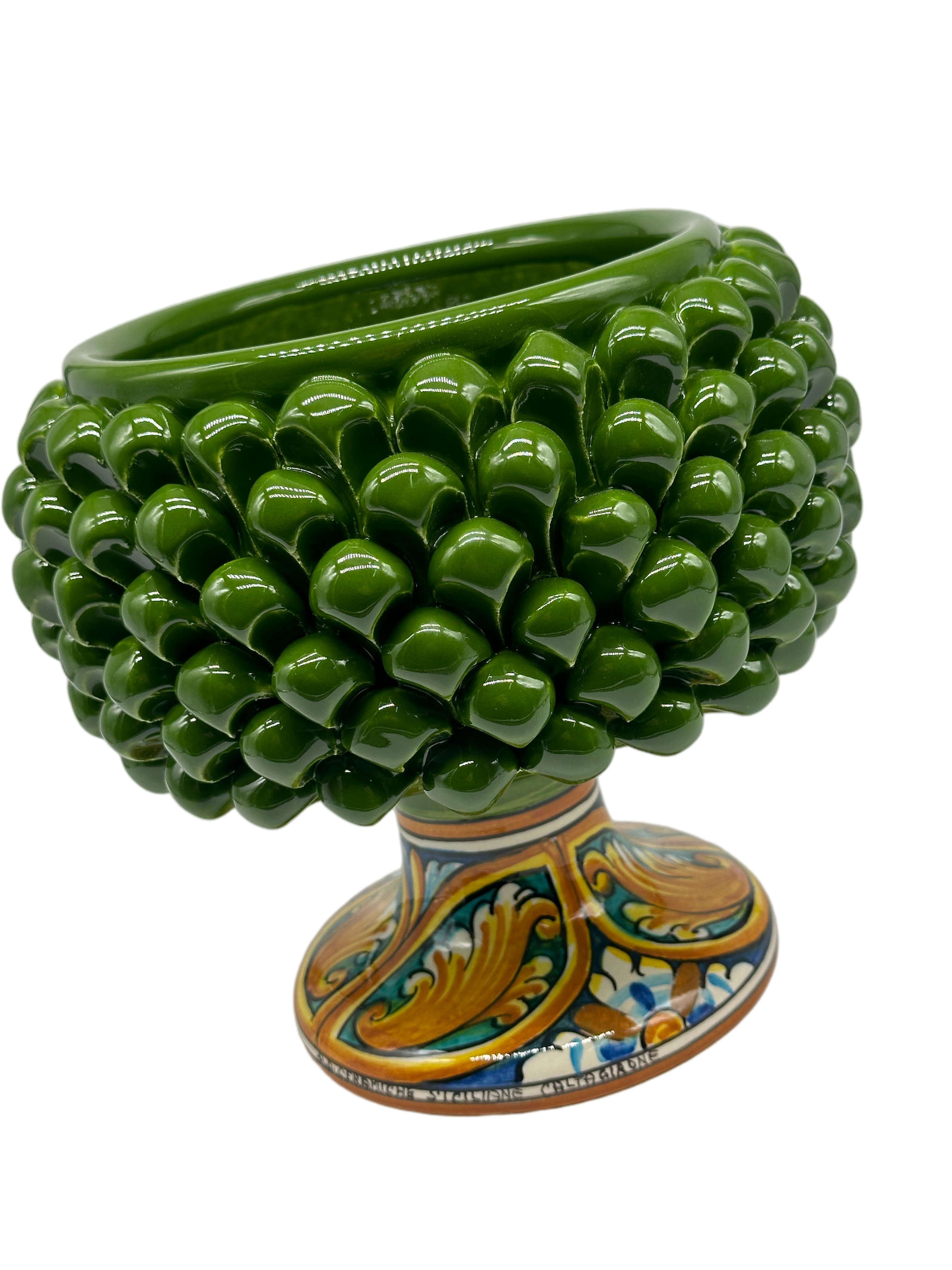 Portavaso Mezza Pigna Ceramica Caltagirone cm H.20 L.20 Artigianale Verde Base Decorata - MEZZA PIGNA