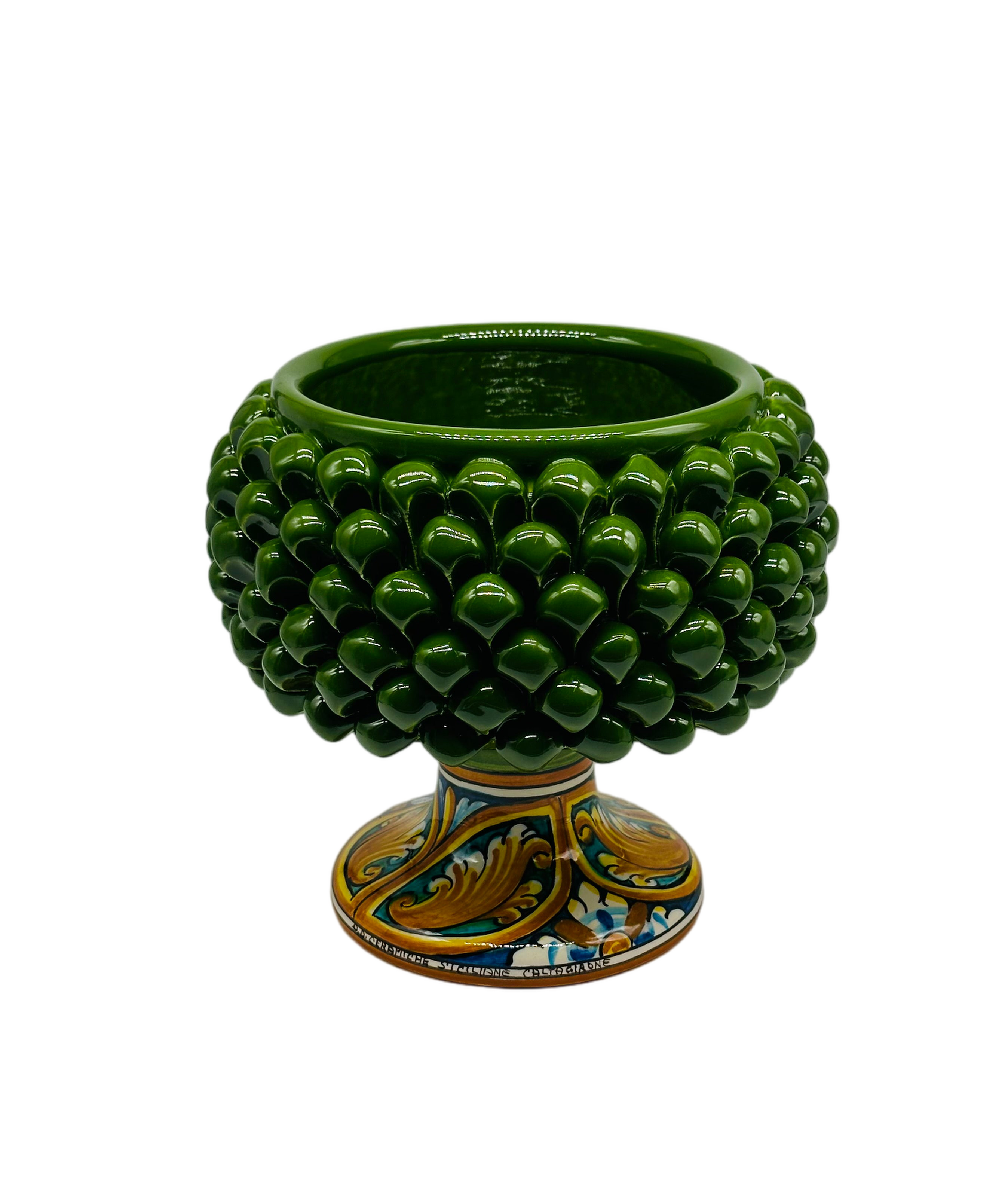 Portavaso Mezza Pigna Ceramica Caltagirone cm H.20 L.20 Artigianale Verde Base Decorata - MEZZA PIGNA