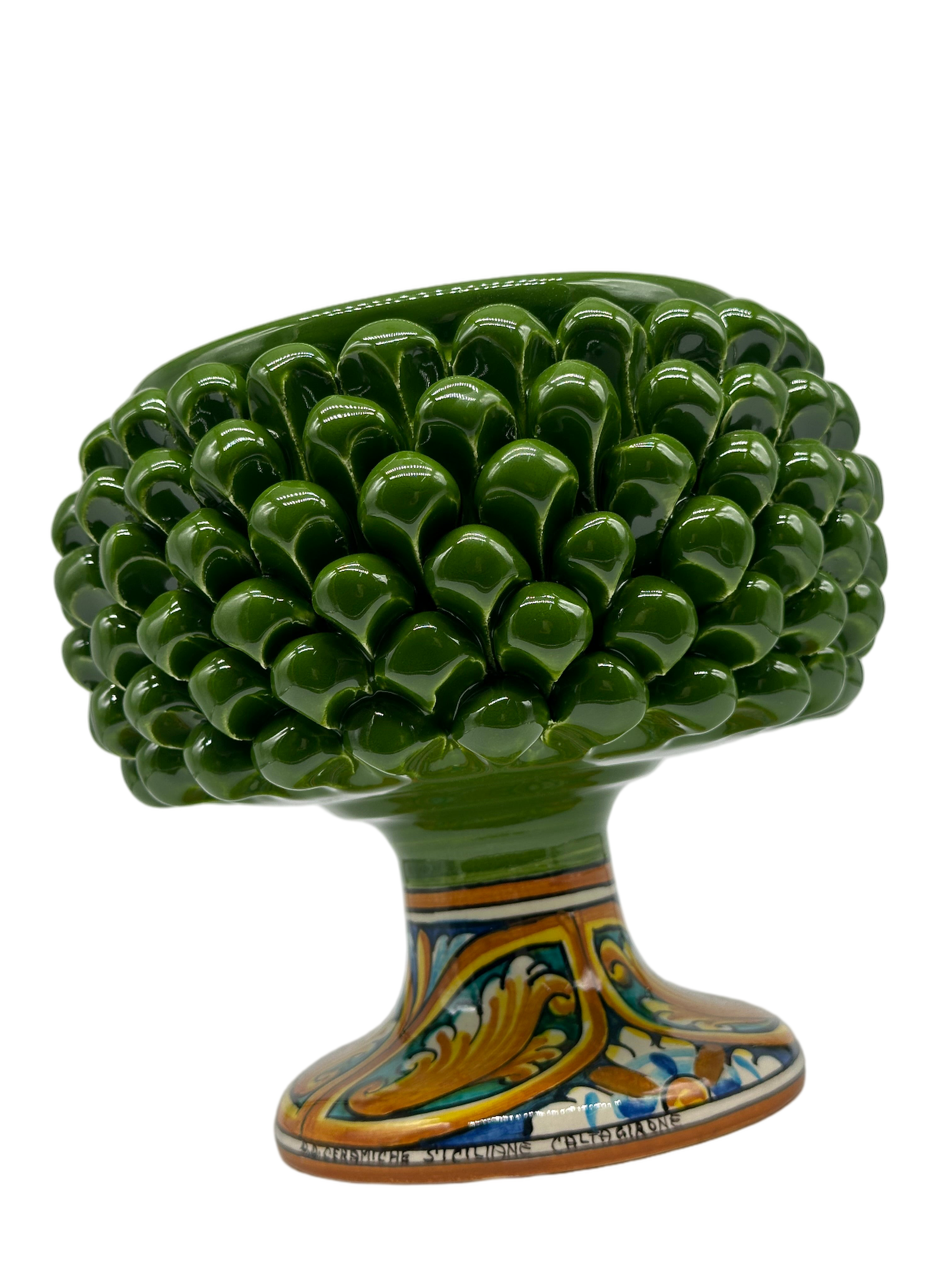 Portavaso Mezza Pigna Ceramica Caltagirone cm H.20 L.20 Artigianale Verde Base Decorata - MEZZA PIGNA