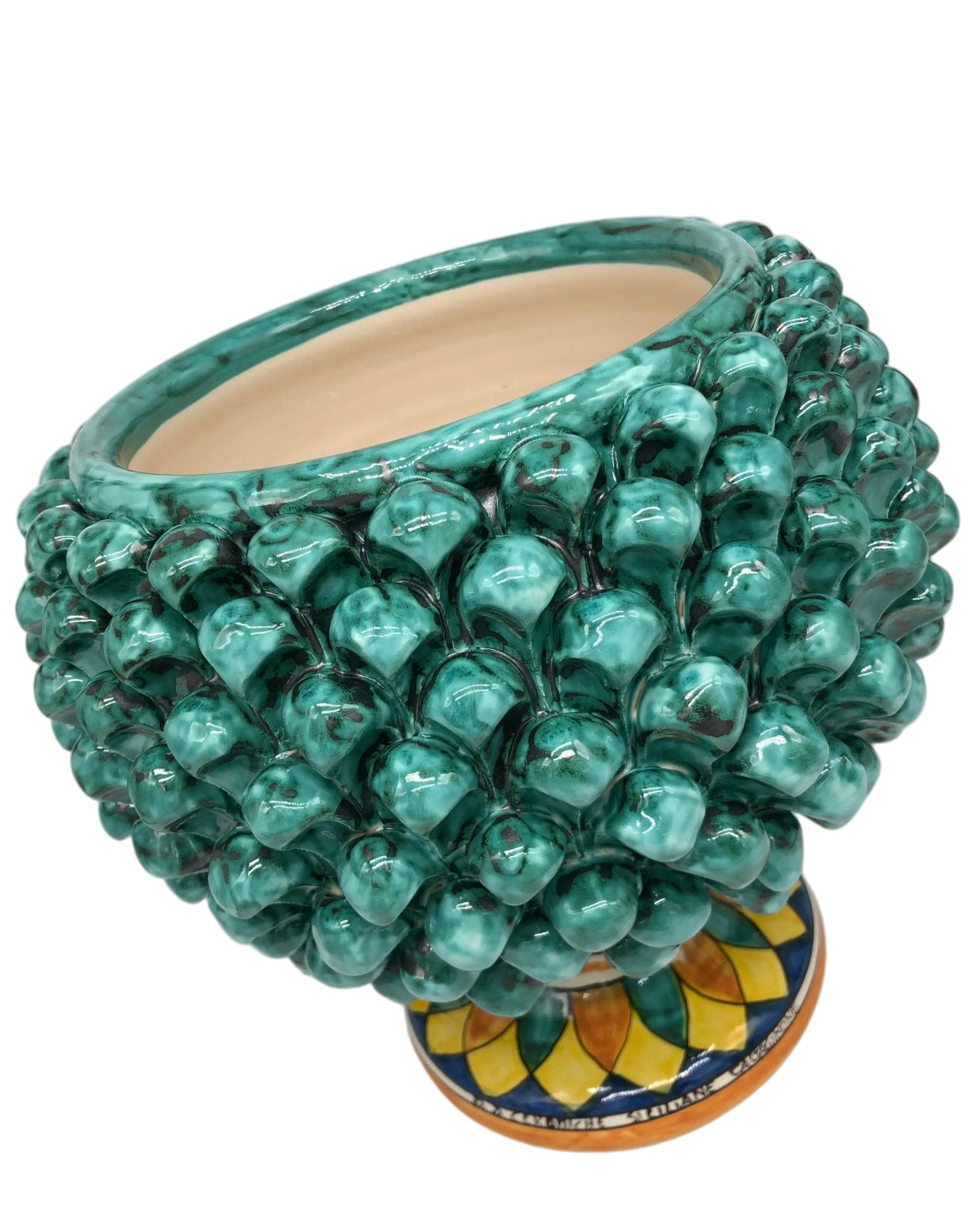 Portavaso Mezza Pigna Ceramica Caltagirone cm H.25 L.25 Artigianale Verde Acqua Base Decorata - DD CERAMICHE SICILIANE
