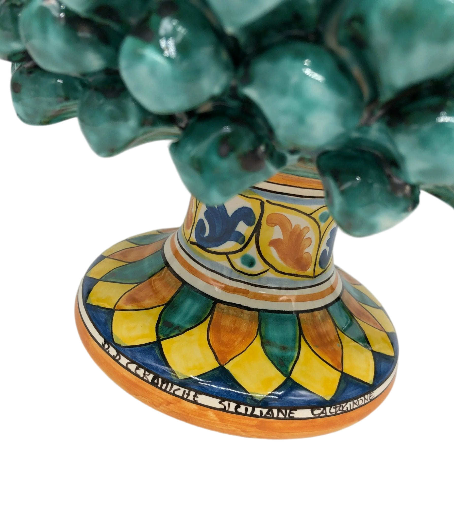 Portavaso Mezza Pigna Ceramica Caltagirone cm H.25 L.25 Artigianale Verde Acqua Base Decorata - DD CERAMICHE SICILIANE
