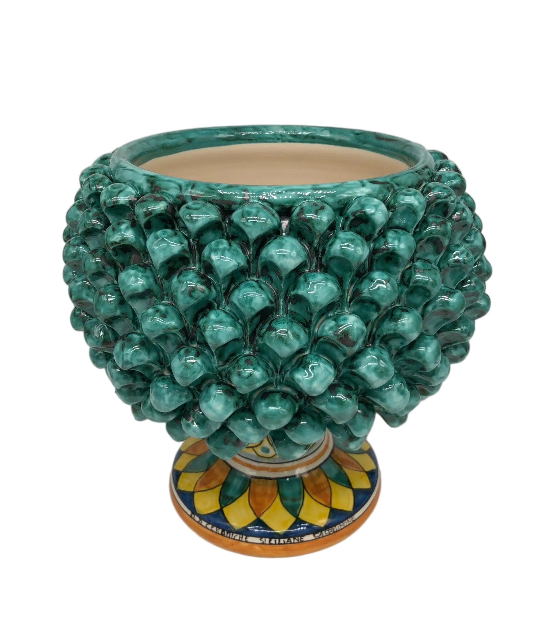 Portavaso Mezza Pigna Ceramica Caltagirone cm H.25 L.25 Artigianale Verde Acqua Base Decorata - DD CERAMICHE SICILIANE
