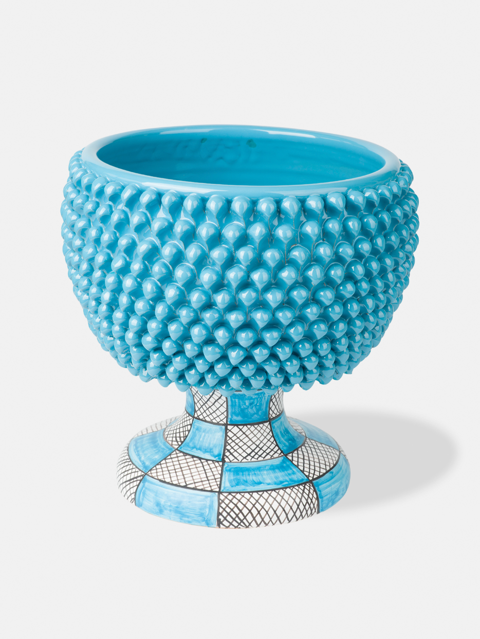 Mezza Pigna Ceramica Caltagirone cm H.32 L.30 Artigianale Celeste TDS Base Decorata V.2 - MEZZE PIGNE