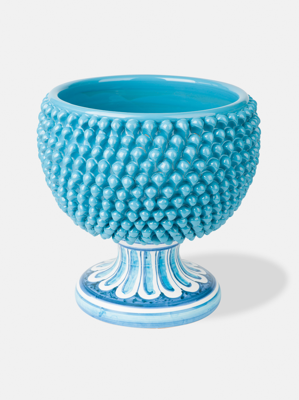 Portavaso Mezza Pigna TDS Ceramica Caltagirone cm H.32 L.30 Artigianale Celeste Base Decorata - MEZZE PIGNE