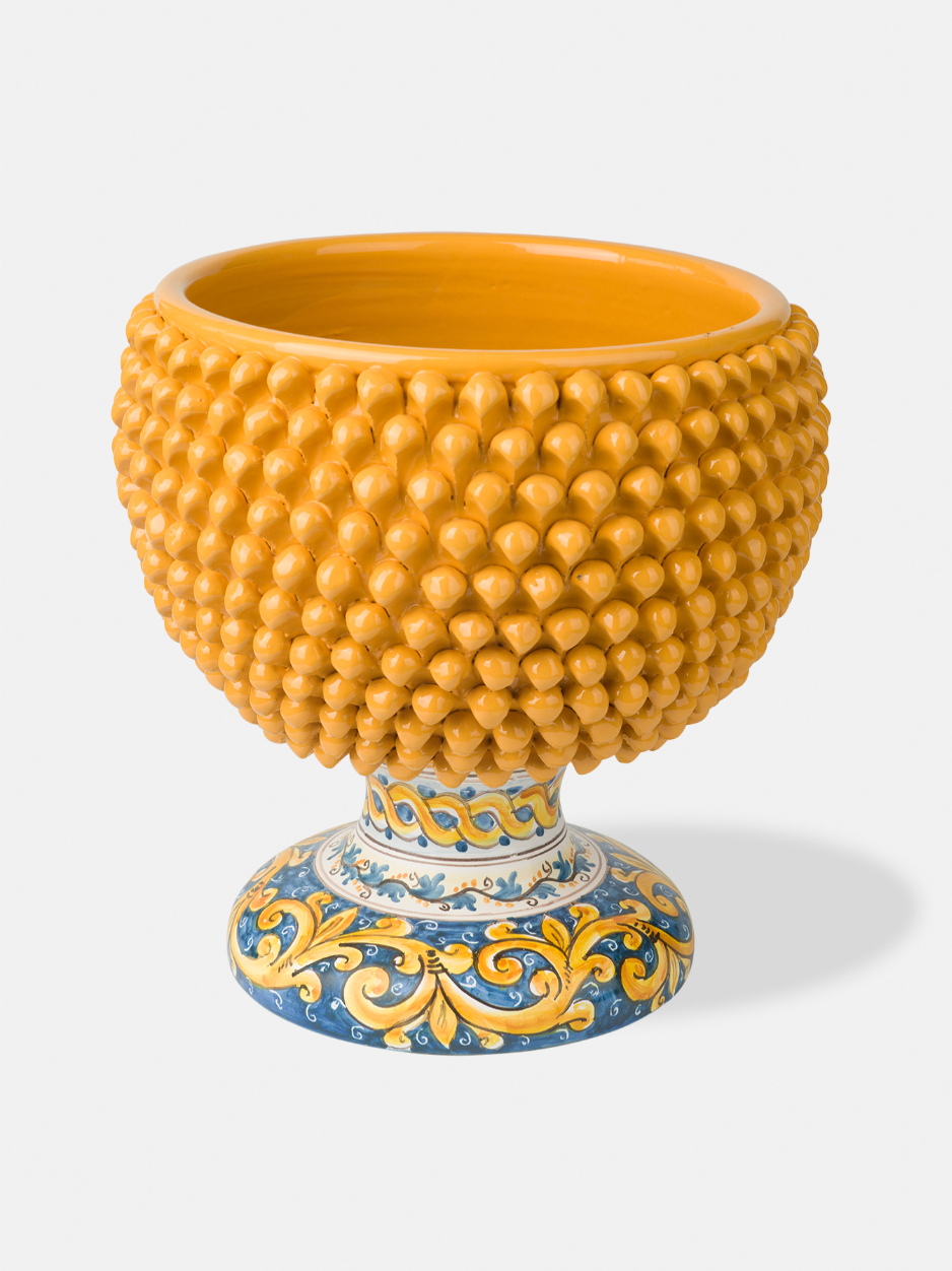 Mezza Pigna Ceramica Caltagirone cm H.32 L.30 Artigianale TDS Giallo Base Decorata V.3 - MEZZE PIGNE