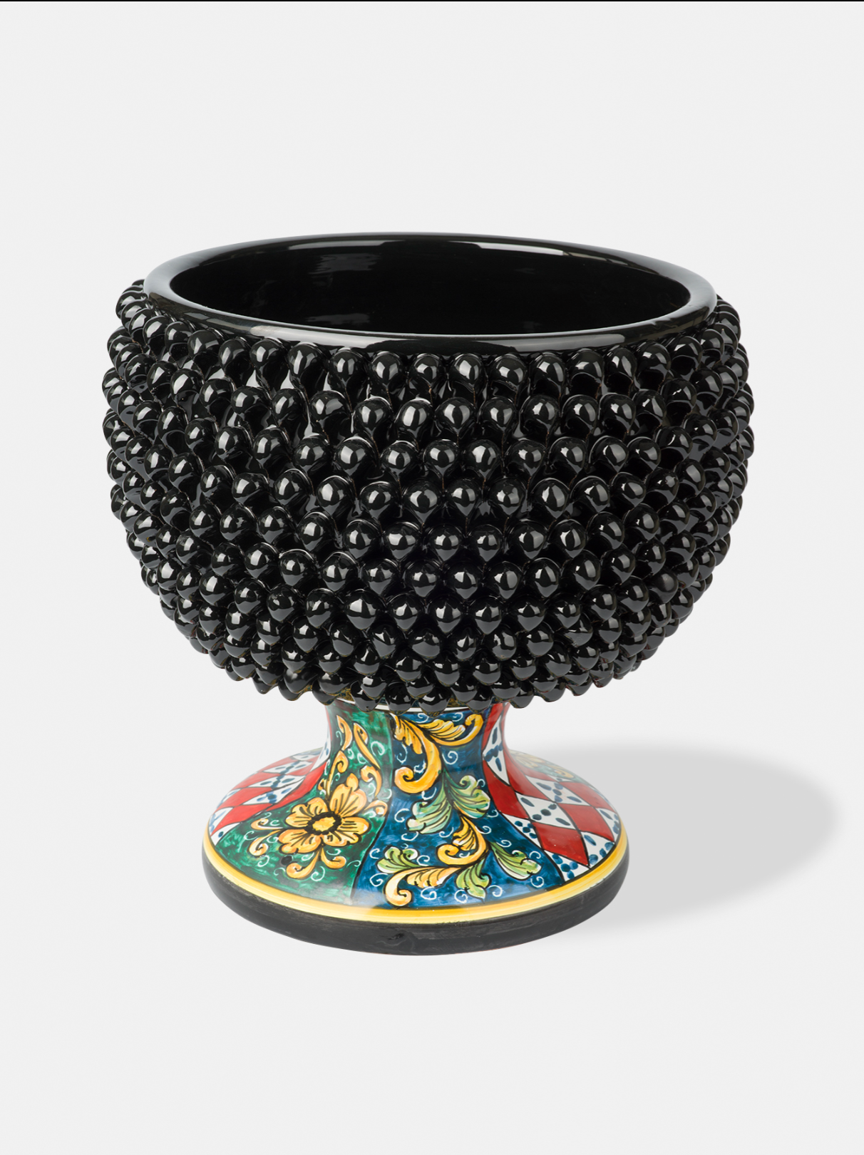 Portavaso Mezza Pigna TDS Ceramica Caltagirone cm H.32 L.30 Artigianale Nero Base Decorata - MEZZE PIGNE