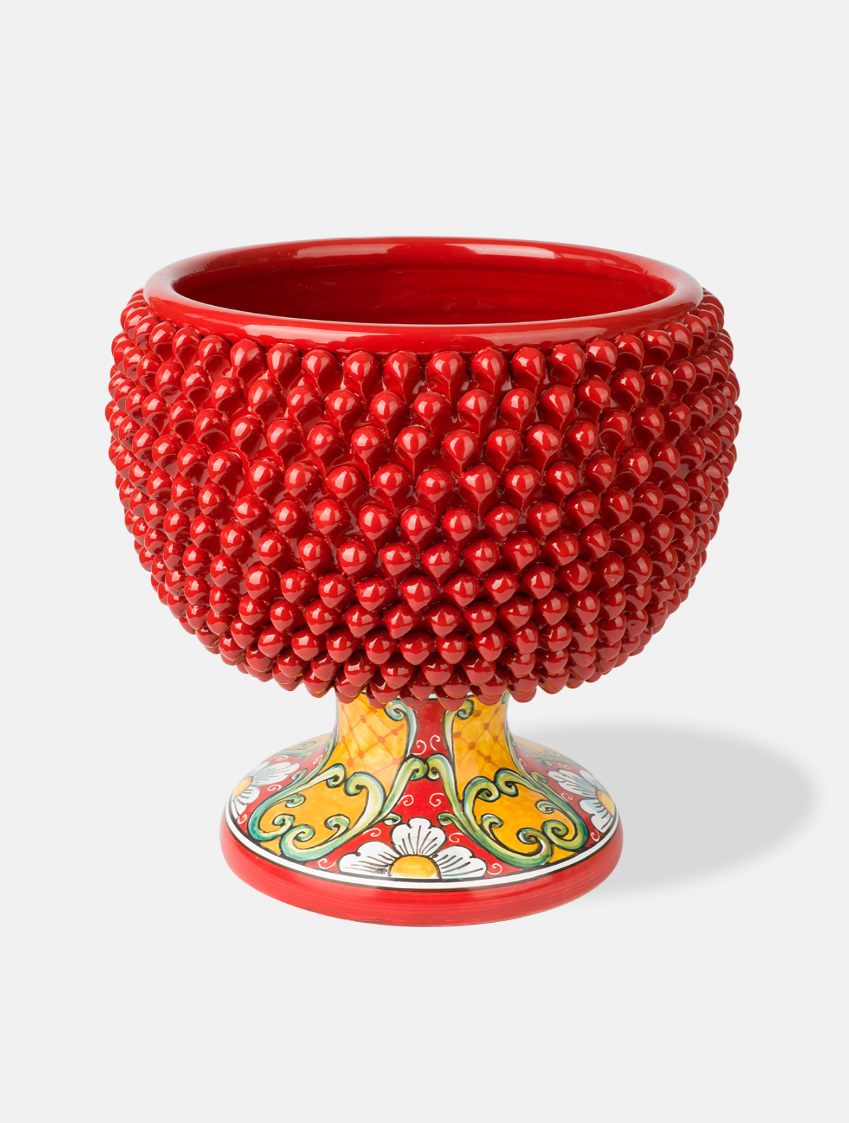 Portavaso Mezza Pigna TDS Ceramica Caltagirone cm H.32 L.30 Artigianale Rosso Base Decorata - MEZZE PIGNE