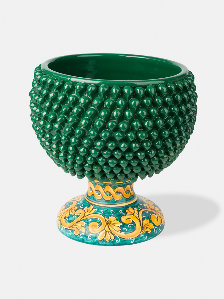 Mezza Pigna Ceramica Caltagirone cm H.32 L.30 Artigianale TDS Verde Base Decorata V.2 - MEZZE PIGNE