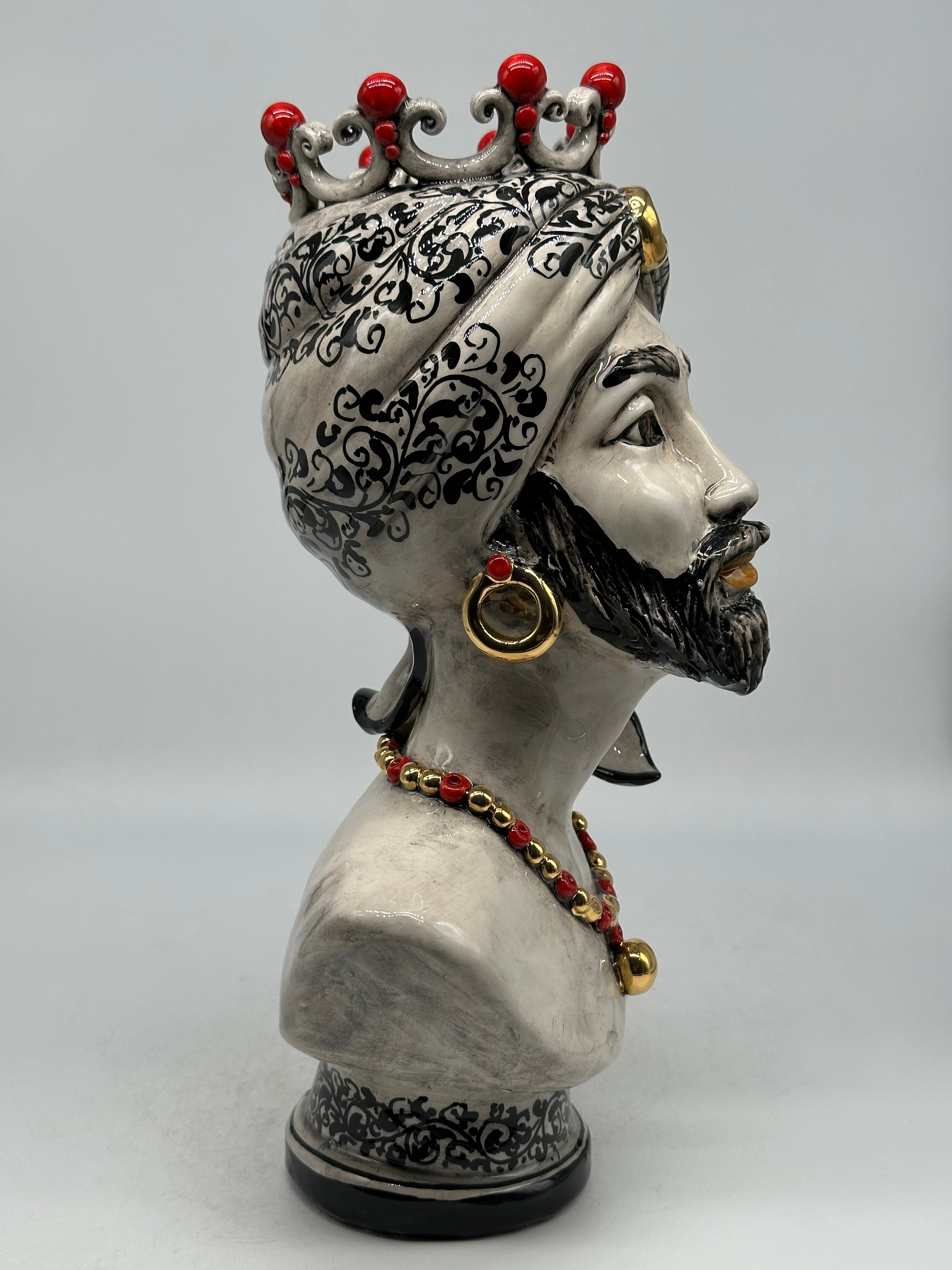 Mezzobusto Ceramica Caltagirone cm H.36 L.22 Artigianale Decoro ‘600 Nero Rosso Oro - TESTE DI MORO