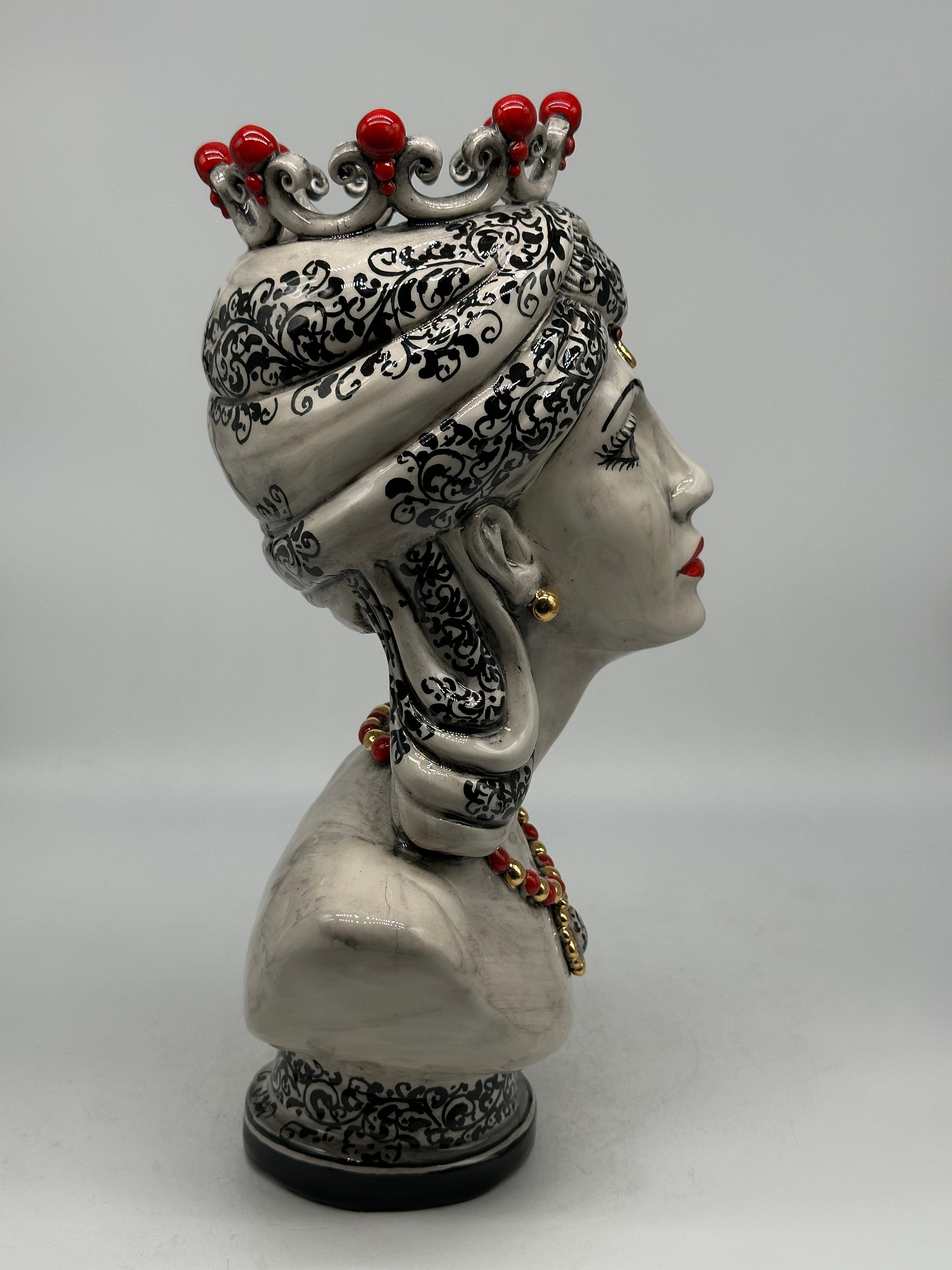 Mezzobusto Ceramica Caltagirone cm H.36 L.22 Artigianale Decoro ‘600 Nero Rosso Oro - TESTE DI MORO