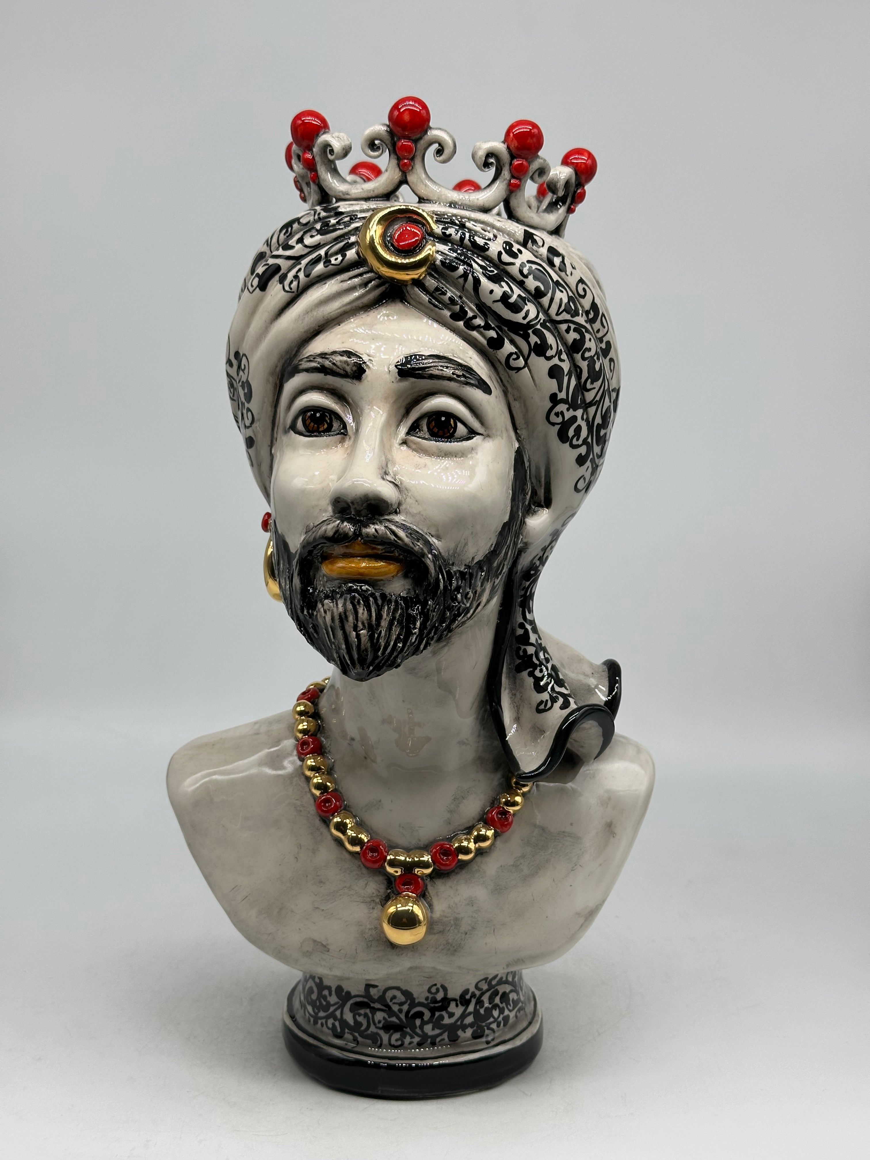 Mezzobusto Ceramica Caltagirone cm H.36 L.22 Artigianale Decoro ‘600 Nero Rosso Oro - Uomo - TESTE DI MORO