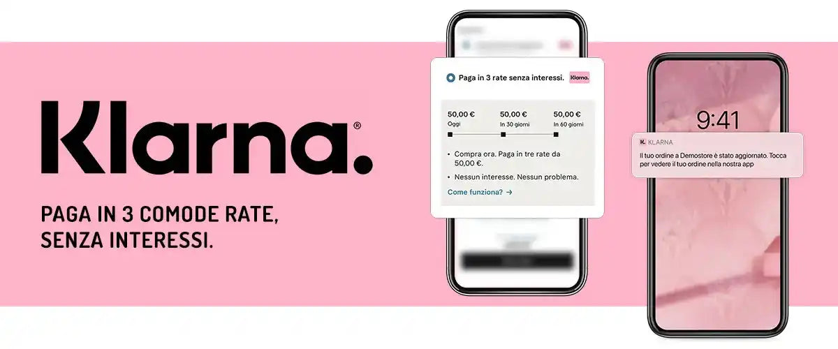 Interfaccia del telefono cellulare che mostra l'app di pagamento Klarna con l'opzione di pagamento in 3 rate.