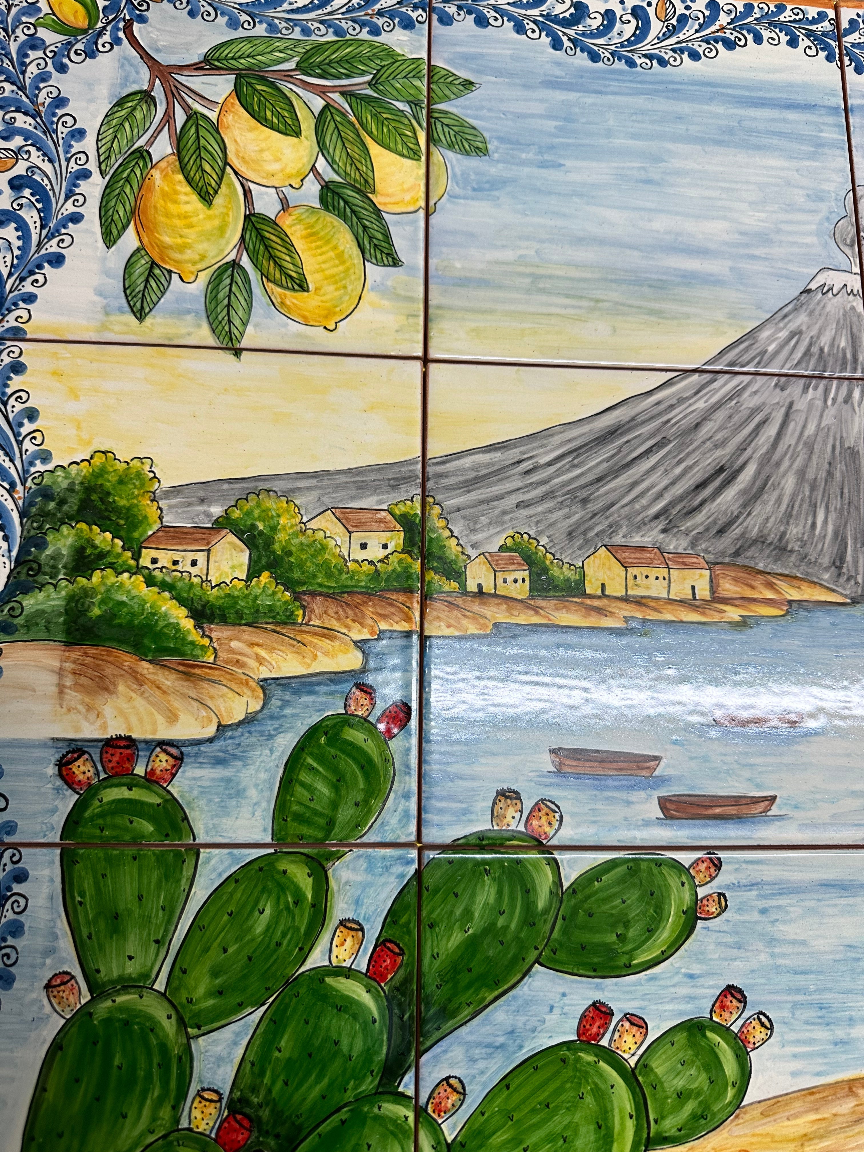 Mosaico Pannello Etna Ceramica Caltagirone cm 80x60 Piastrelle decorate a mano - MAIOLICHE