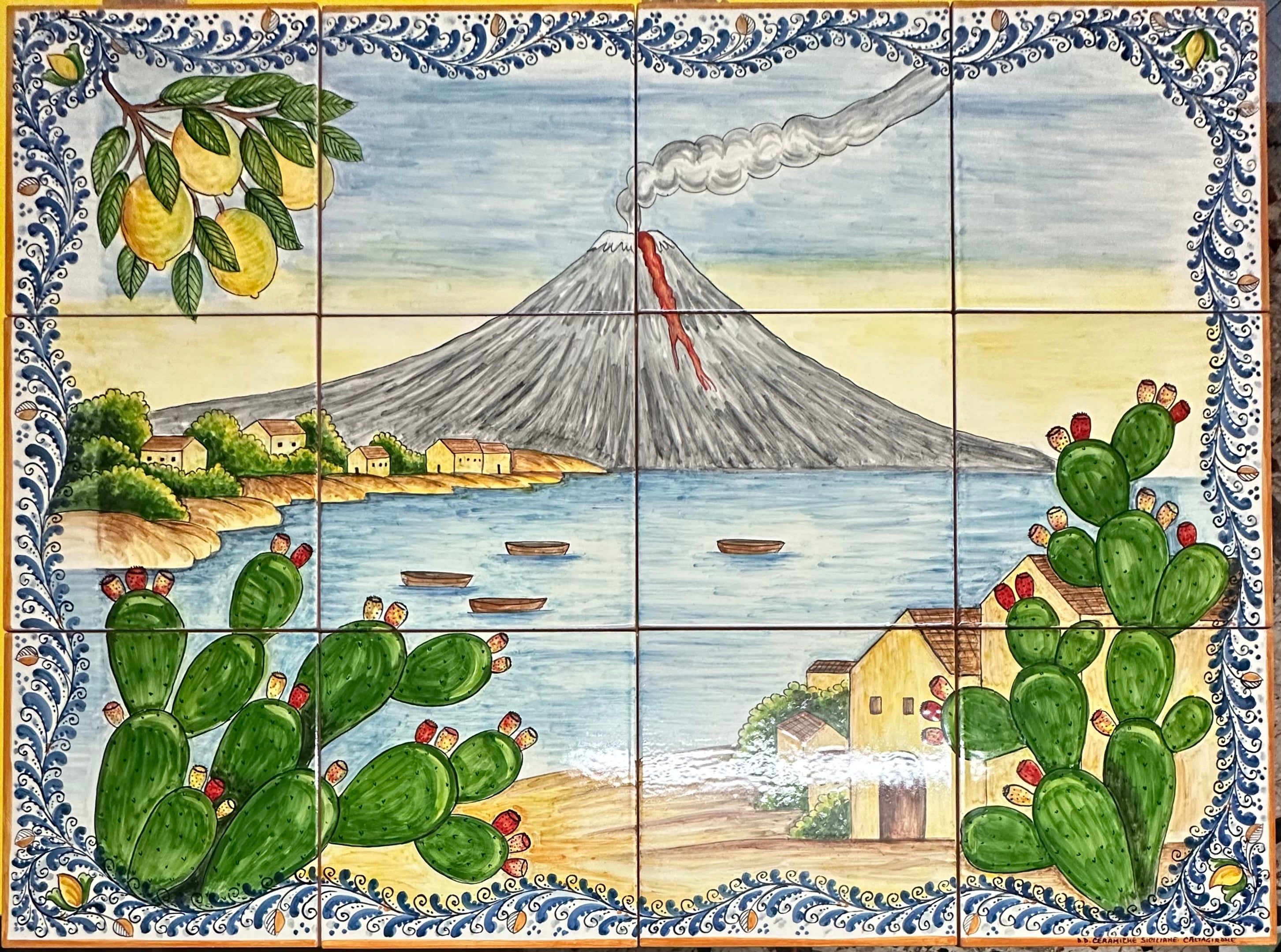 Mosaico Pannello Etna Ceramica Caltagirone cm 80x60 Piastrelle decorate a mano - MAIOLICHE