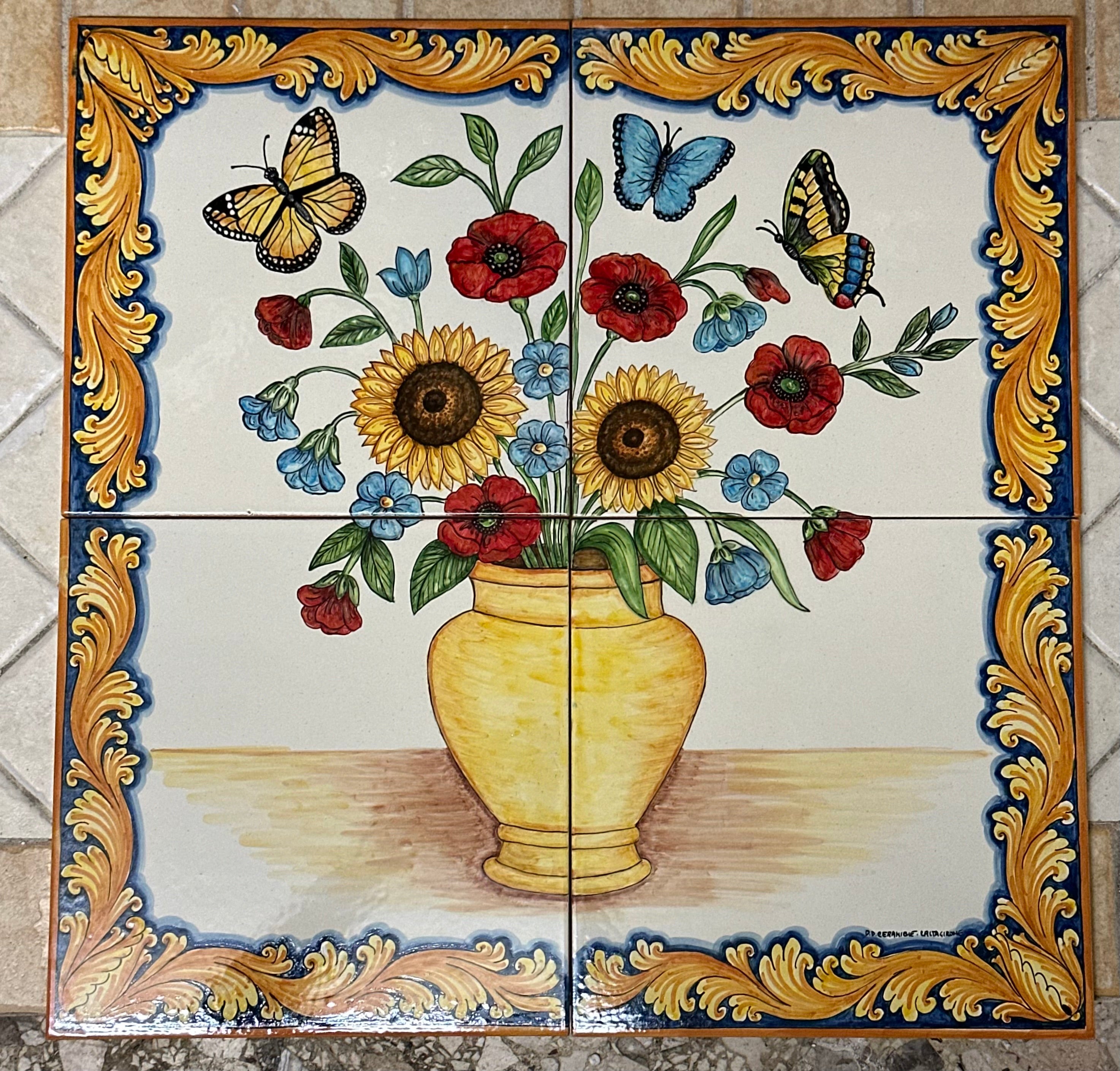 Mosaico Pannello Vaso di Fiori Ceramica Caltagirone cm 60x60 Piastrelle decorate a mano - MAIOLICHE
