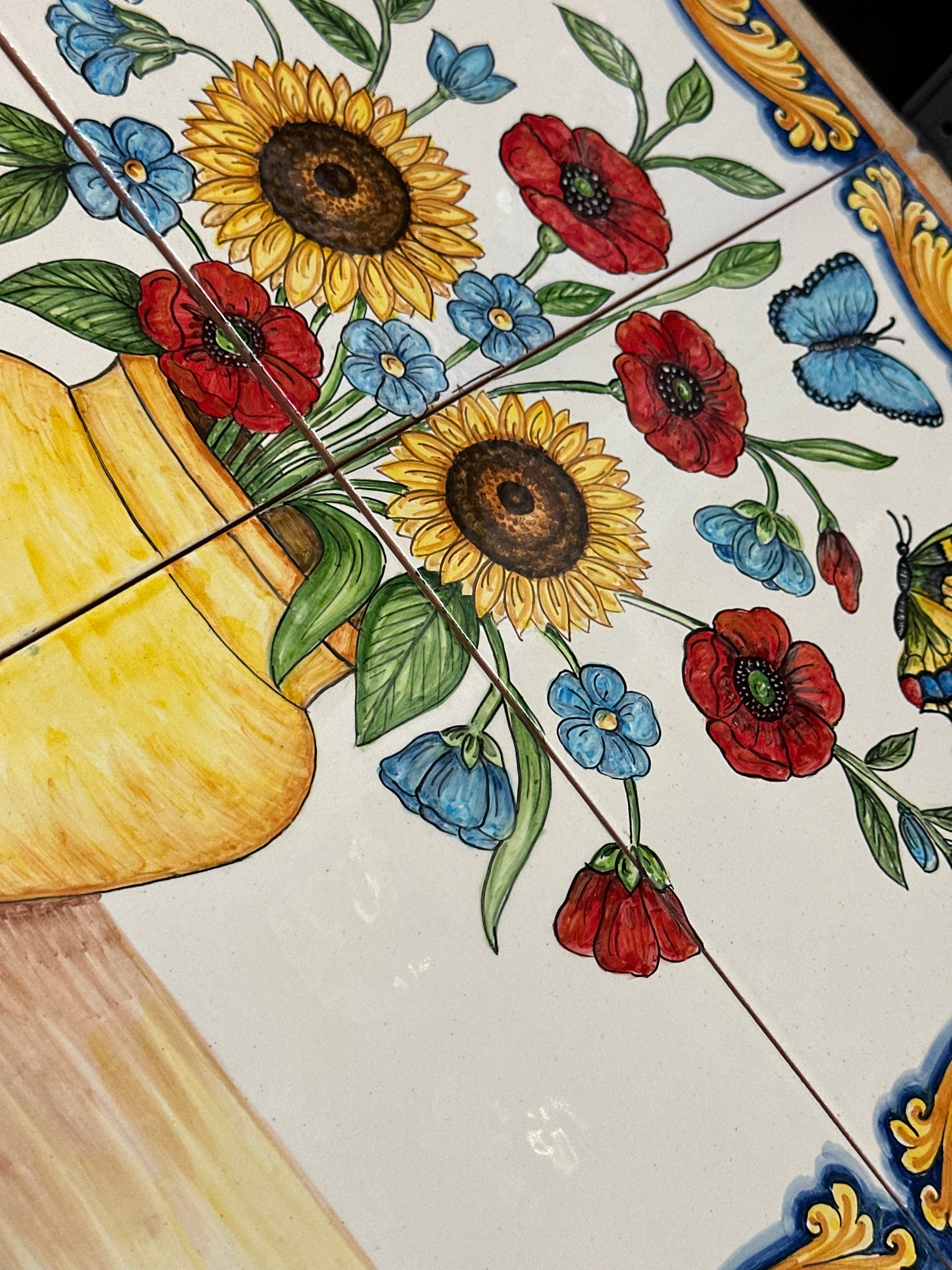 Mosaico Pannello Vaso di Fiori Ceramica Caltagirone cm 60x60 Piastrelle decorate a mano - MAIOLICHE