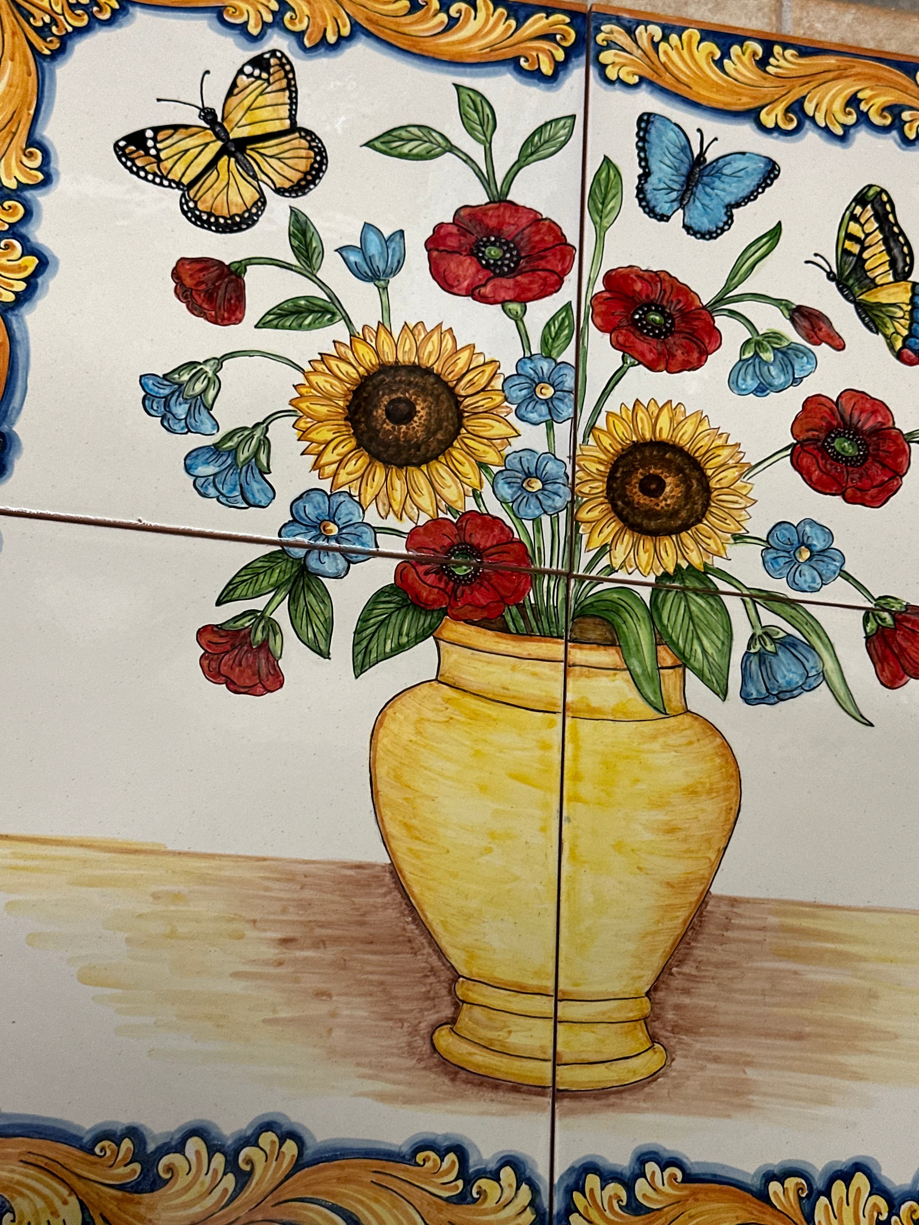 Mosaico Pannello Vaso di Fiori Ceramica Caltagirone cm 60x60 Piastrelle decorate a mano - MAIOLICHE