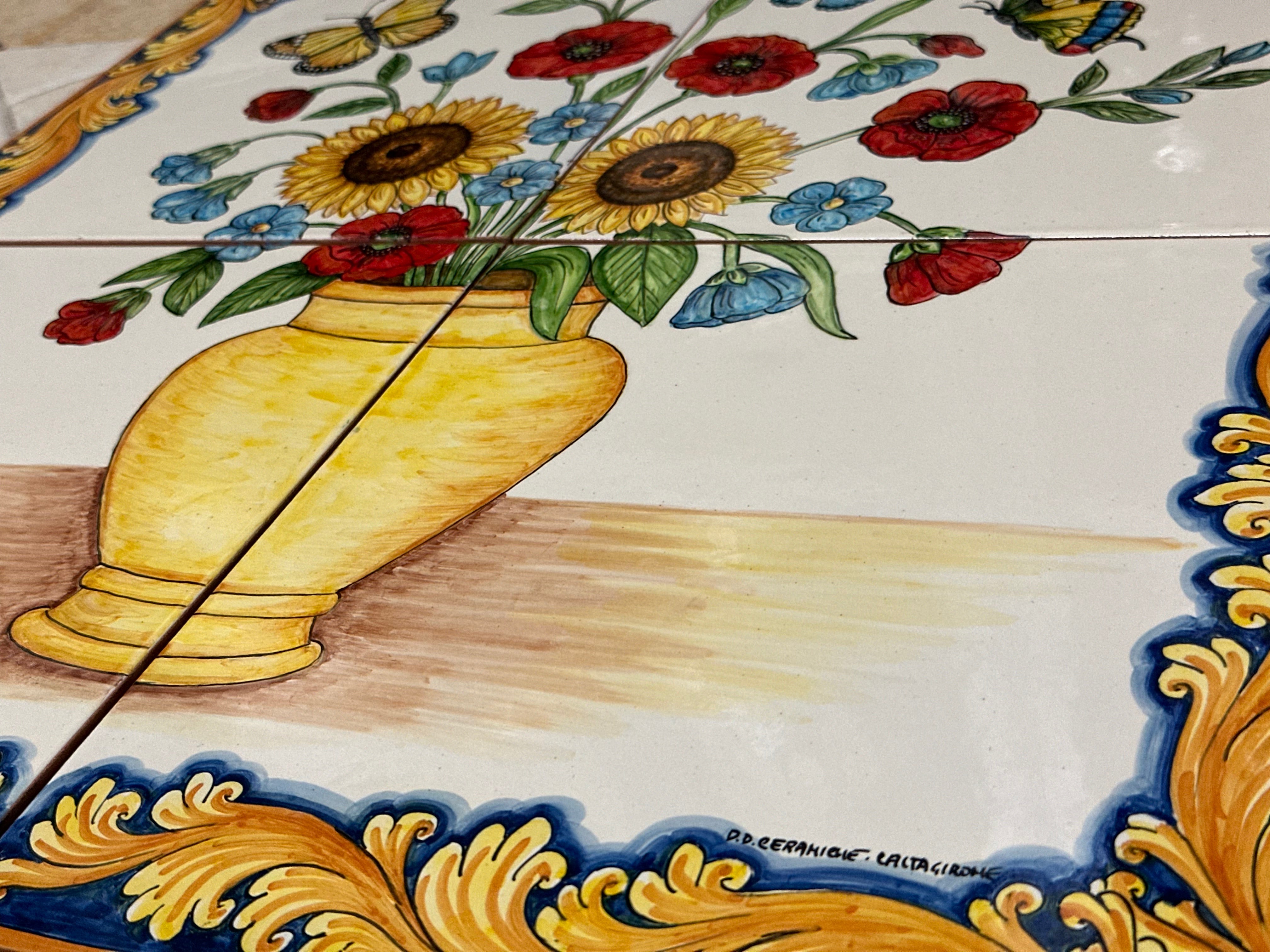 Mosaico Pannello Vaso di Fiori Ceramica Caltagirone cm 60x60 Piastrelle decorate a mano - MAIOLICHE