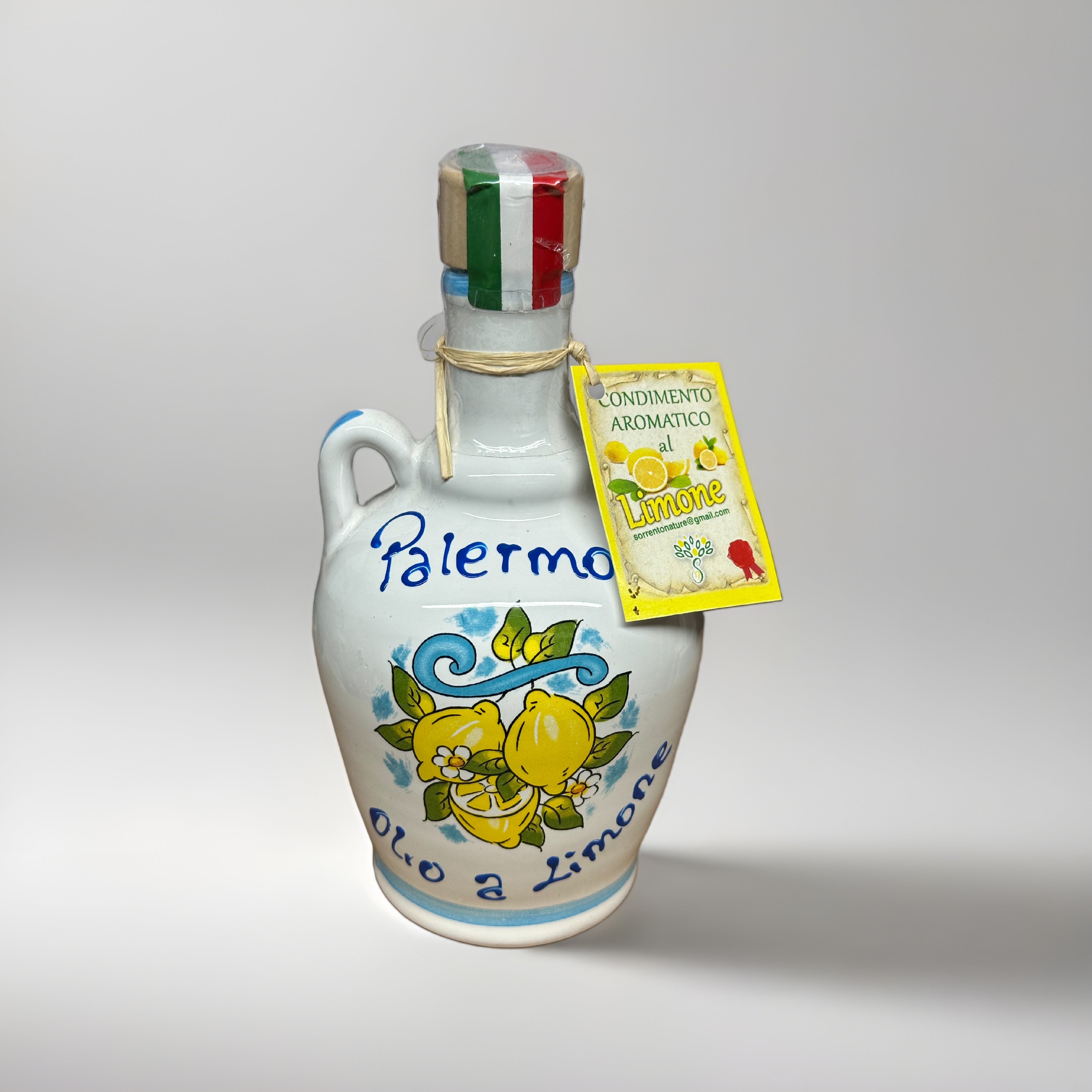 Oliera con Olio Aromatico Limone Decorata a mano 16x9cm Ceramica Caltagirone - OGGETTISTICA