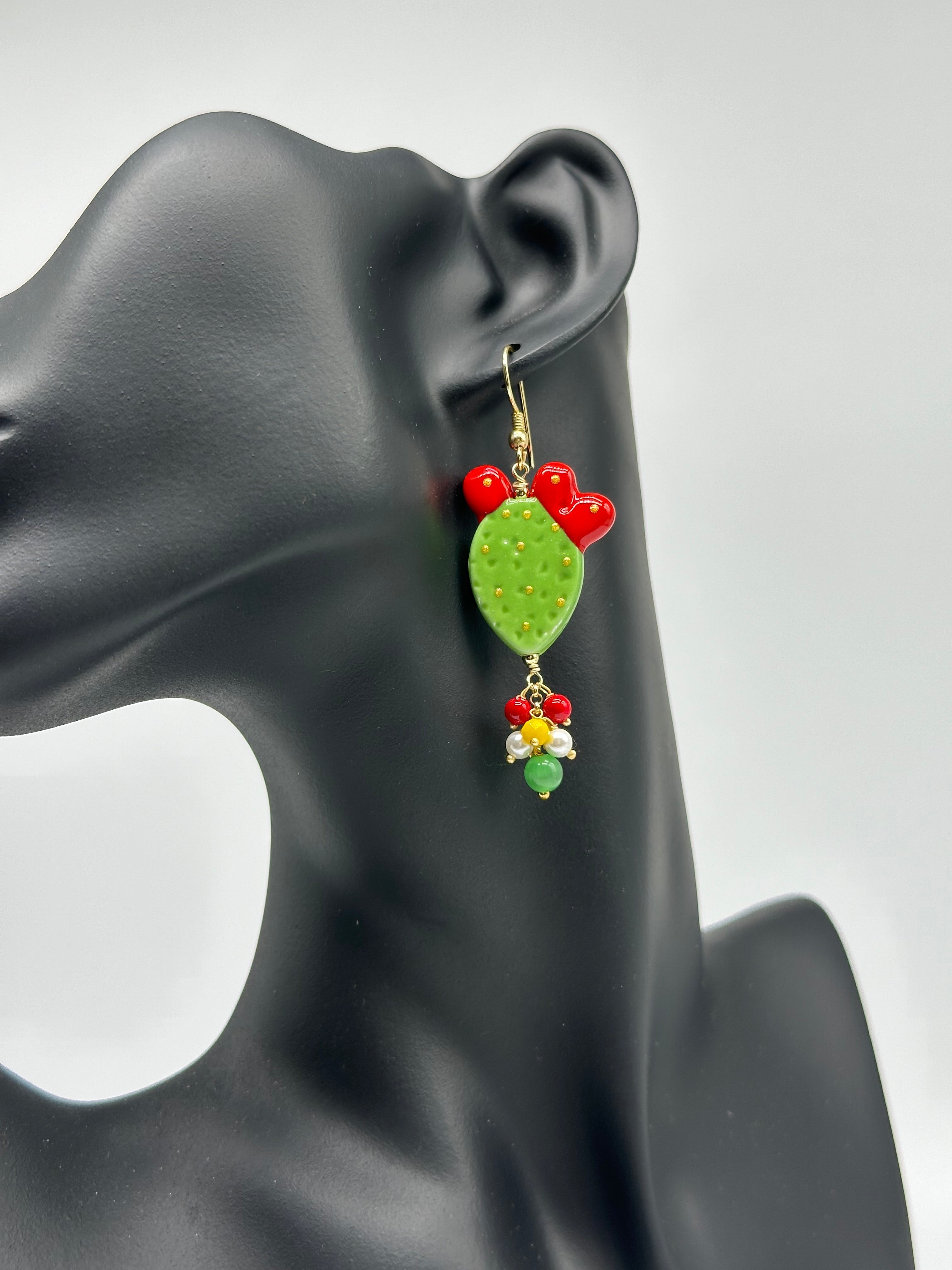 Orecchini Artigianali Fichi d’India in Ceramica di Caltagirone pietre varie V.3 Verde - ORECCHINI