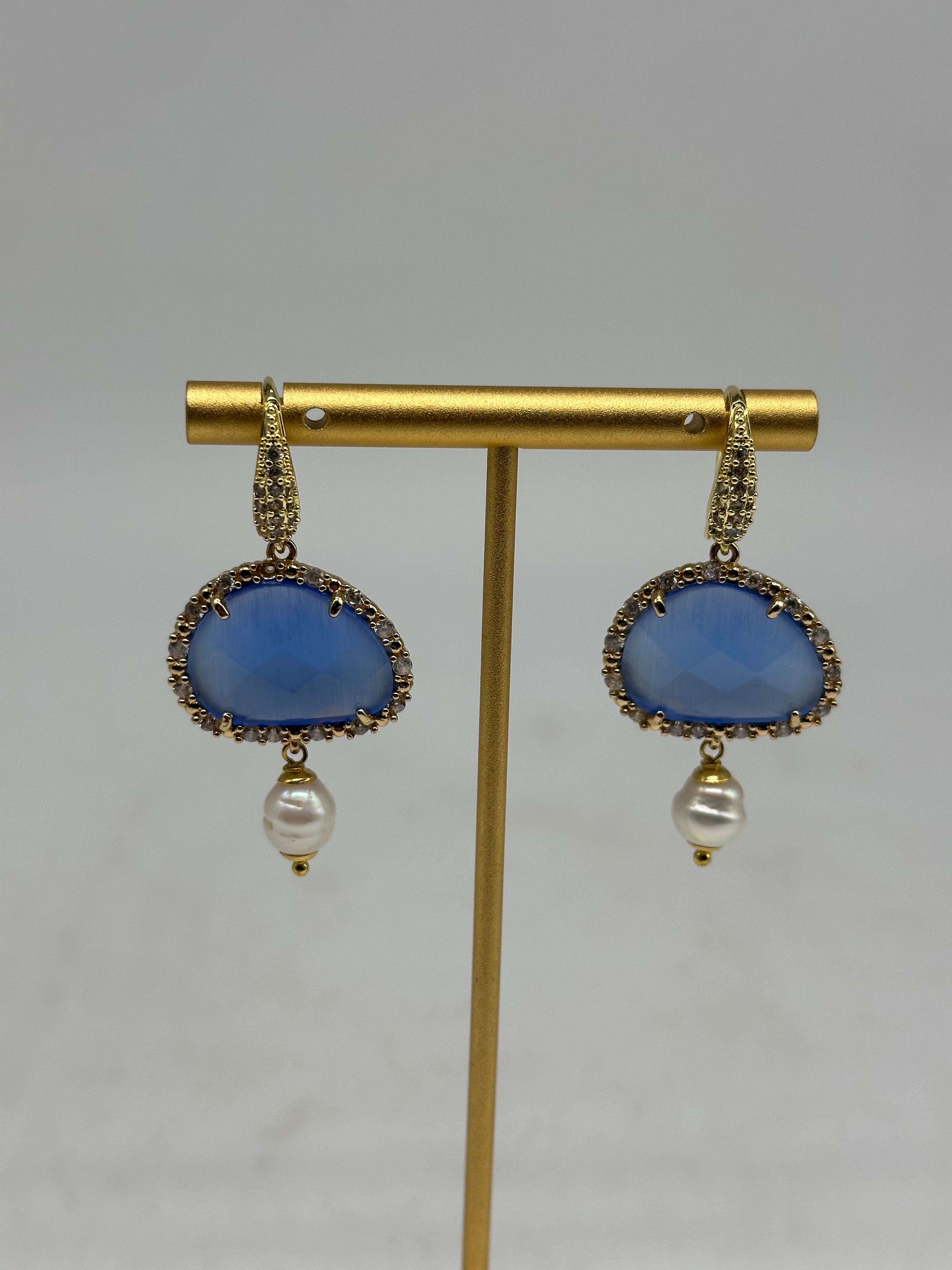 Orecchini Artigianali Smeraldi Blu Pietra e Brillantini - ORECCHINI