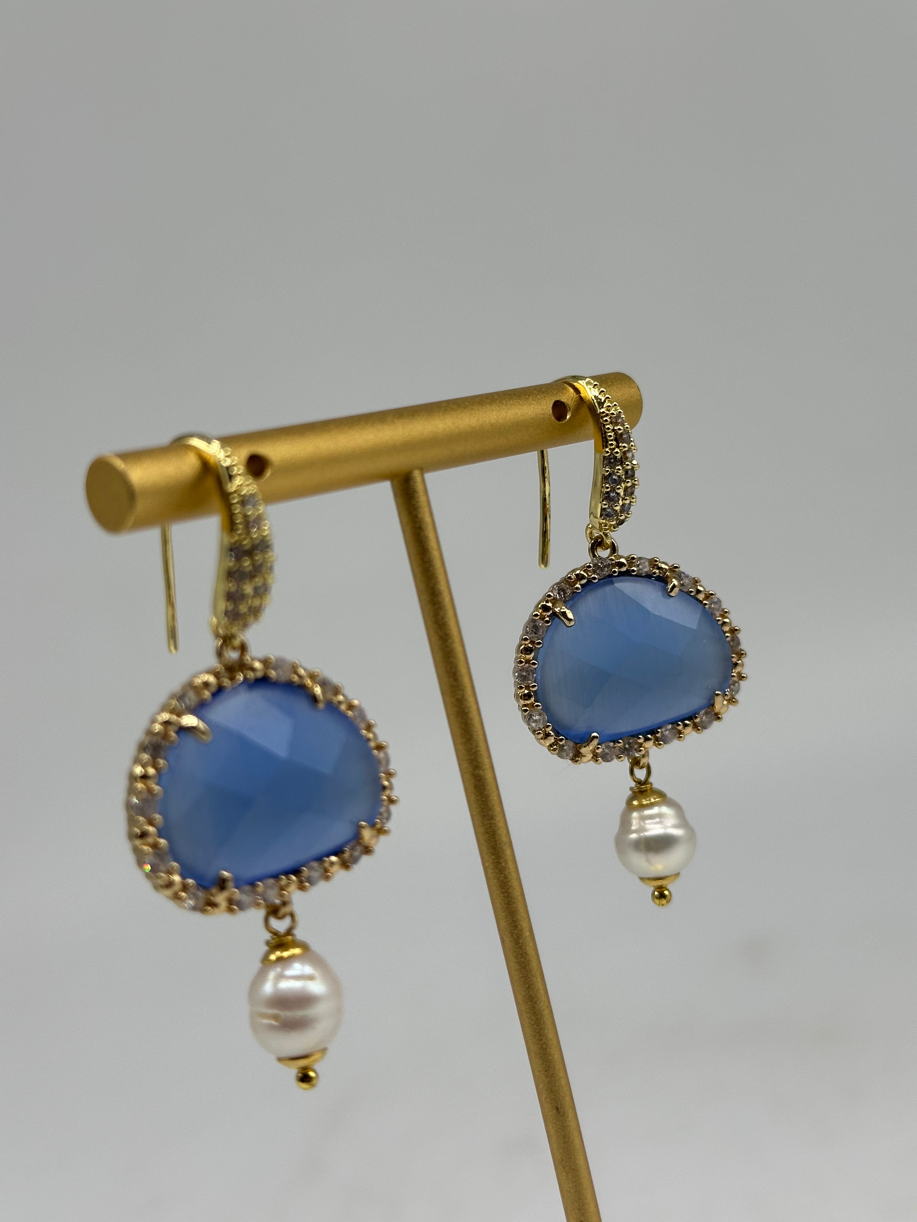 Orecchini Artigianali Smeraldi Blu Pietra e Brillantini - ORECCHINI