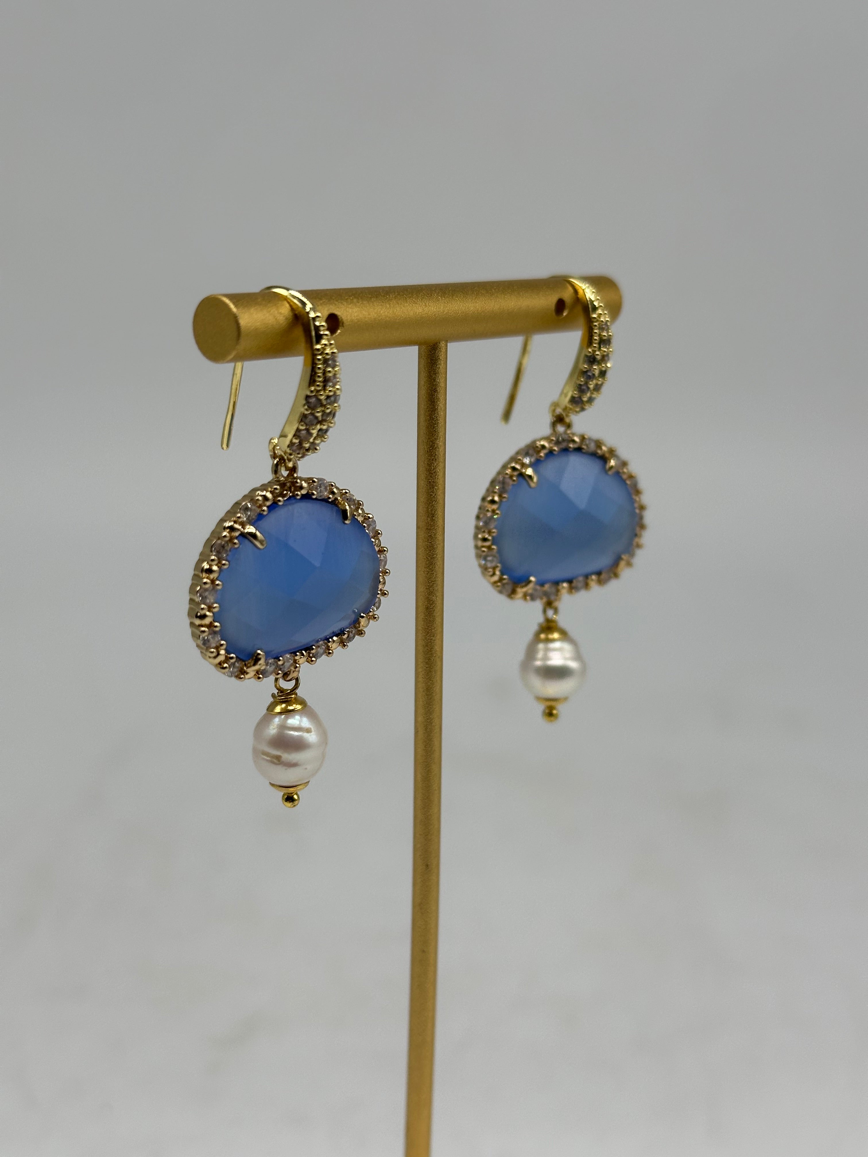 Orecchini Artigianali Smeraldi Blu Pietra e Brillantini - ORECCHINI