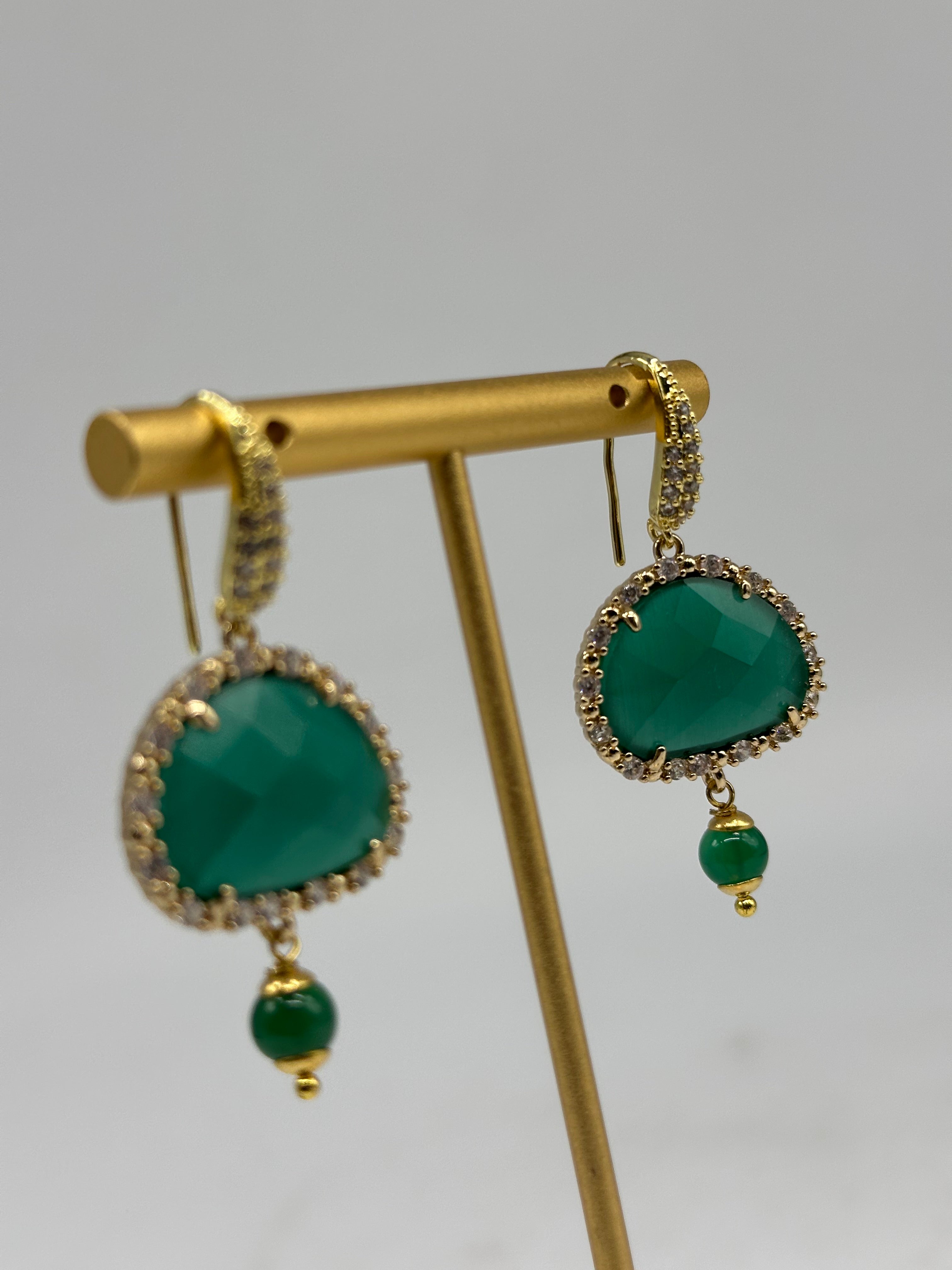 Orecchini Artigianali Smeraldi Verde Scuro Pietra e Brillantini - ORECCHINI