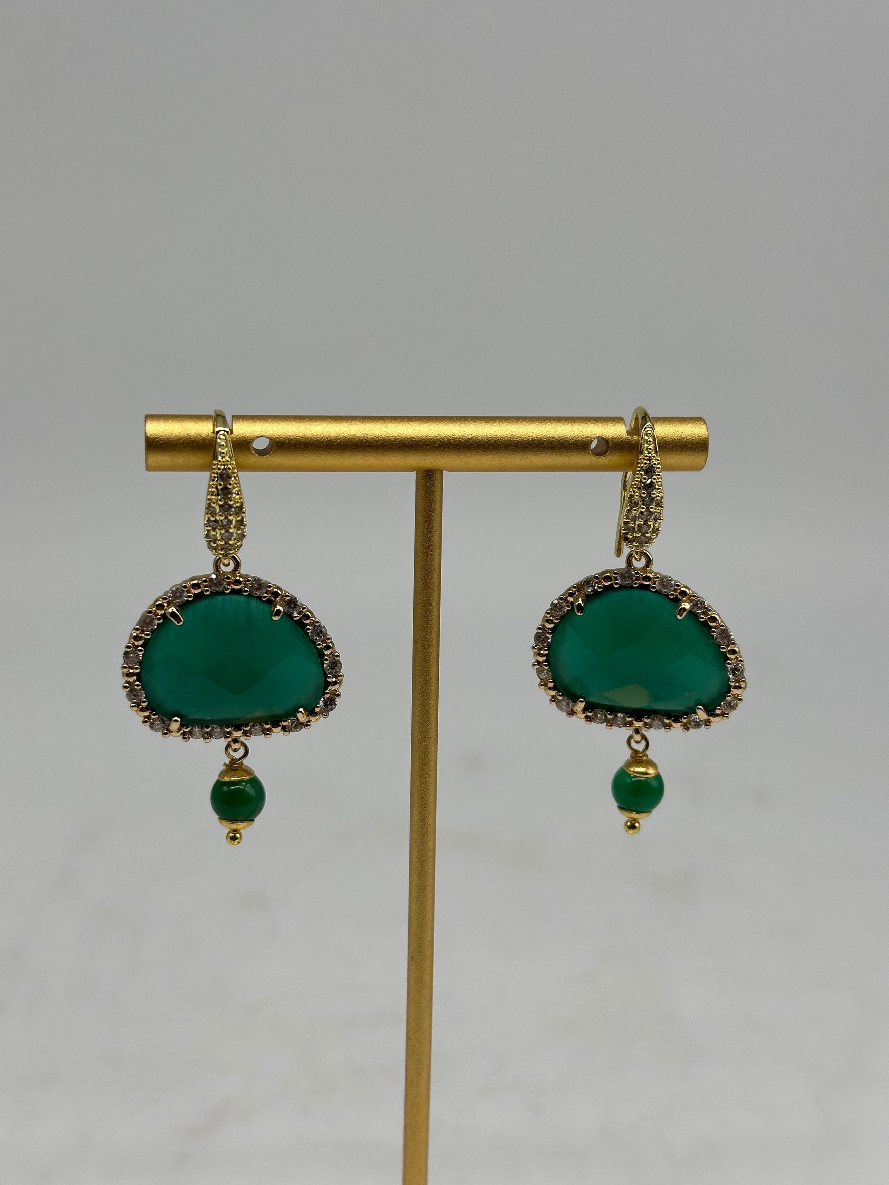 Orecchini Artigianali Smeraldi Verde Scuro Pietra e Brillantini - ORECCHINI