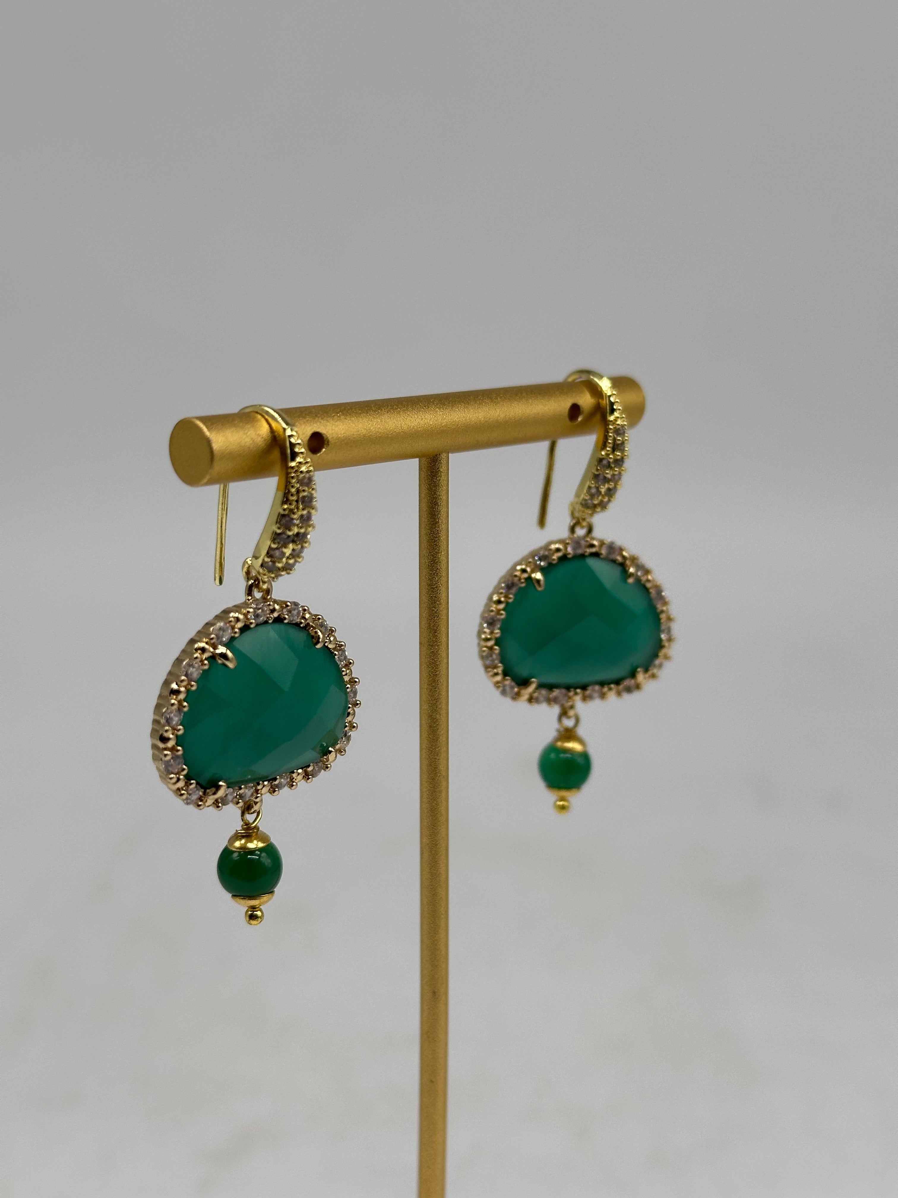 Orecchini Artigianali Smeraldi Verde Scuro Pietra e Brillantini - ORECCHINI