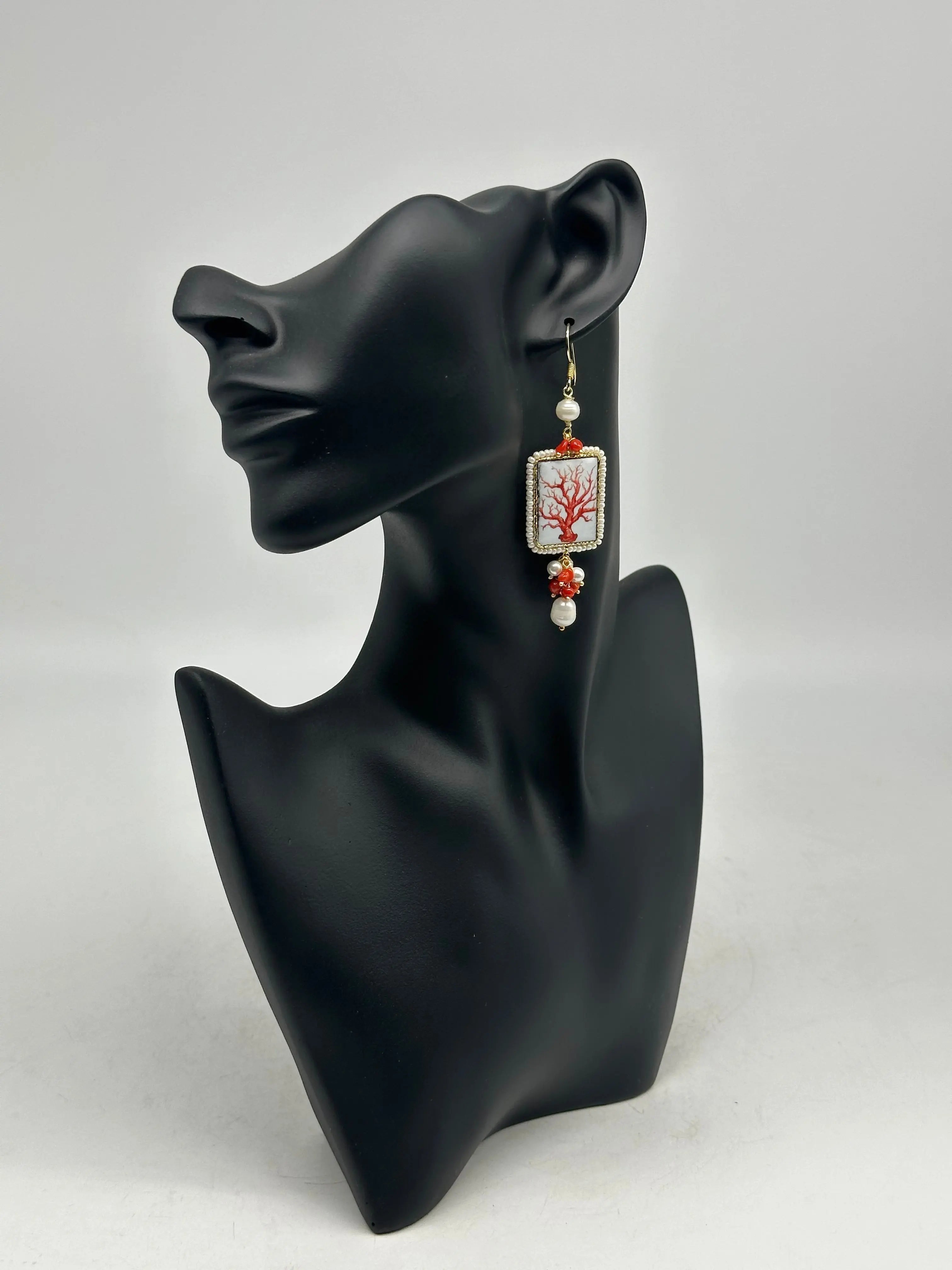 Orecchini Piastrella Ceramica di Caltagirone, cornice bianca, pietre, perle V.5 DD Ceramiche Siciliane