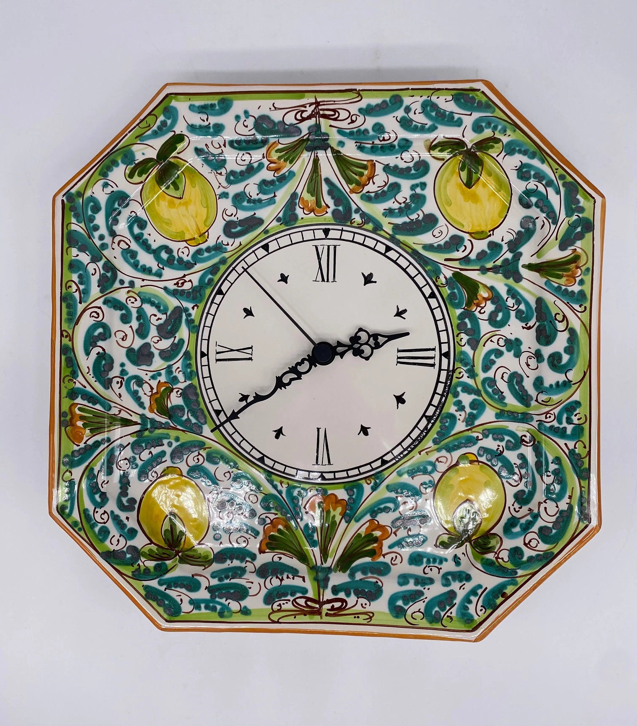 Orologio da Parete Ceramica Caltagirone Ottagonale dipinto a mano cm 32 Decoro n.3 DD CERAMICHE SICILIANE