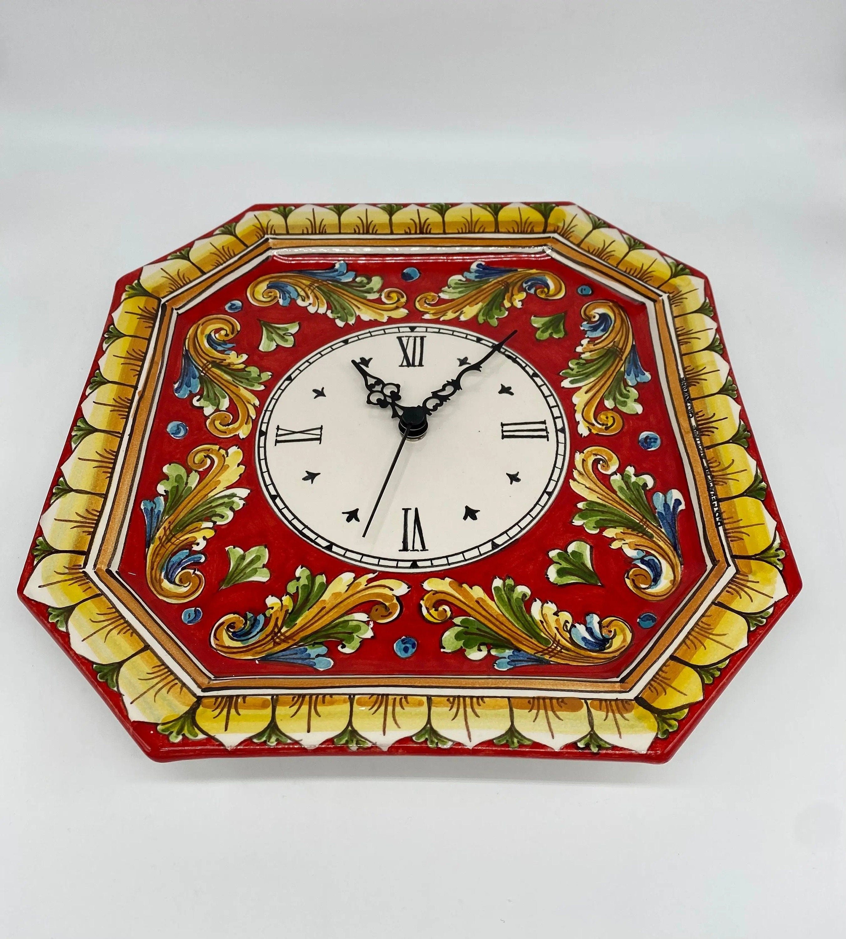 Orologio da Parete Ceramica Caltagirone Ottagonale dipinto a mano cm 32 Decoro n.1 DD CERAMICHE SICILIANE
