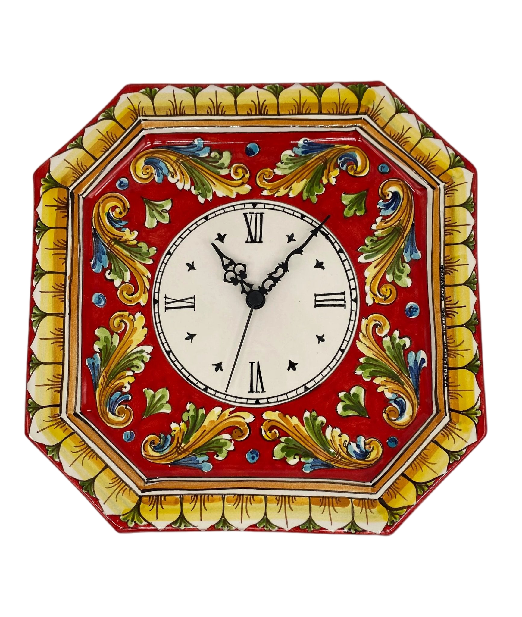 Orologio da Parete Ceramica Caltagirone Ottagonale dipinto a mano cm 32 Decoro n.1 - DD CERAMICHE SICILIANE
