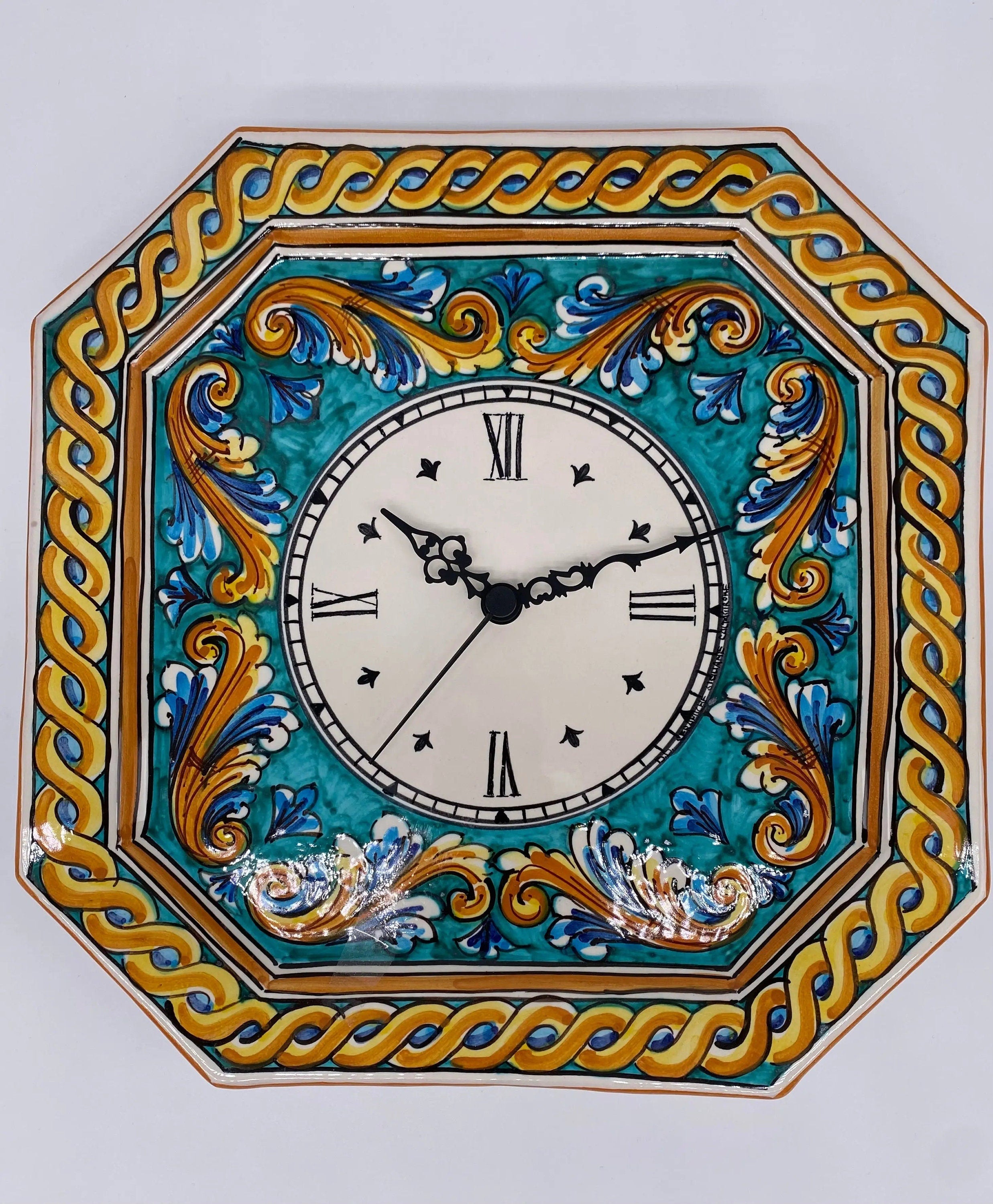 Orologio da Parete Ceramica Caltagirone Ottagonale dipinto a mano cm 32 Decoro n.4 DD CERAMICHE SICILIANE