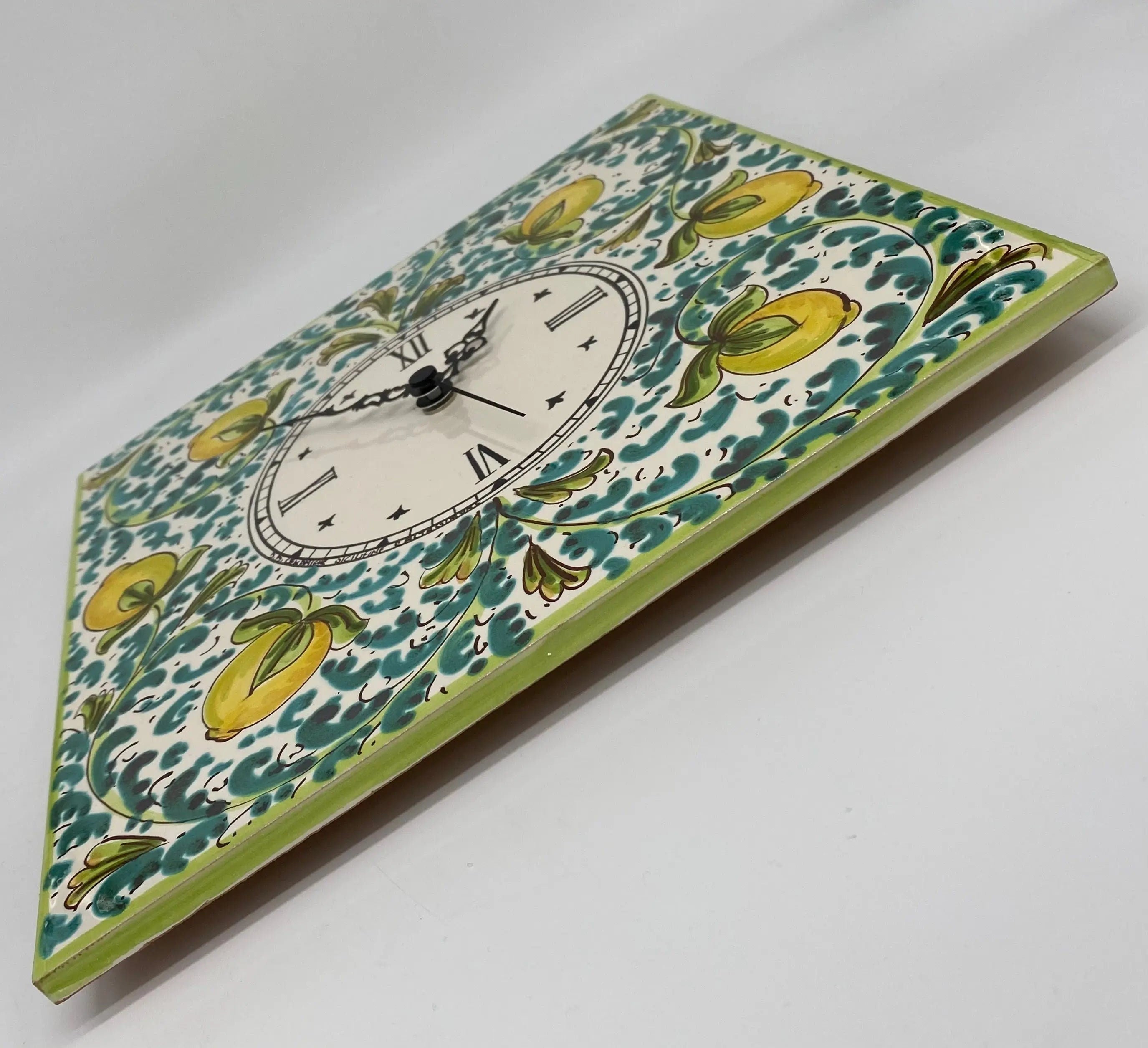 Orologio da Parete Ceramica Caltagirone Quadrato dipinto a mano Lato 30cm Decoro n.1 DD CERAMICHE SICILIANE