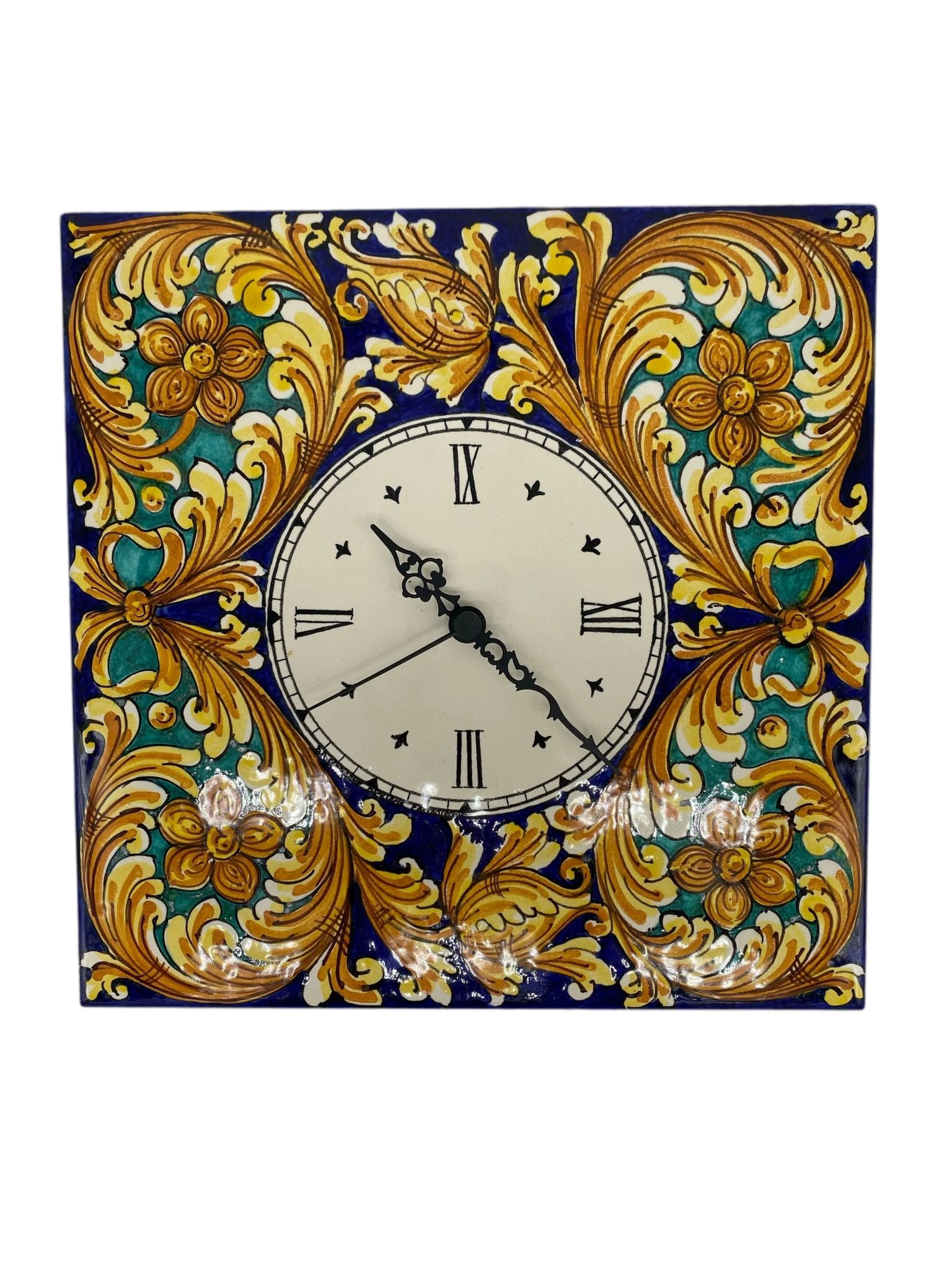 Orologio da Parete Ceramica Caltagirone Quadrato dipinto a mano Lato 30cm Decoro n.2 - DD CERAMICHE SICILIANE
