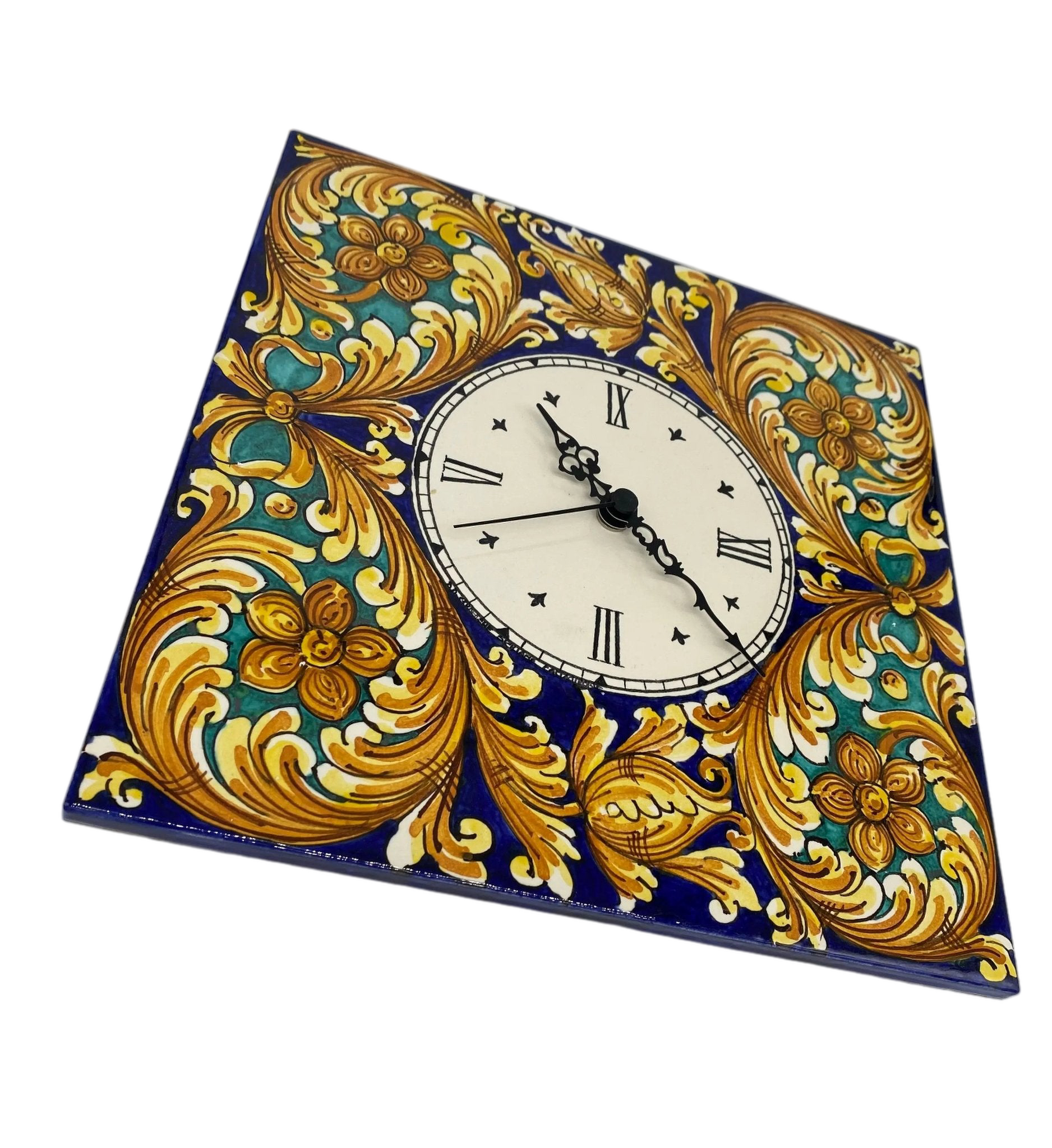 Orologio da Parete Ceramica Caltagirone Quadrato dipinto a mano Lato 30cm Decoro n.2 - DD CERAMICHE SICILIANE