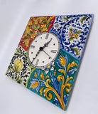 Orologio da Parete Ceramica Caltagirone Quadrato dipinto a mano Lato 30cm Decoro n.3 DD CERAMICHE SICILIANE