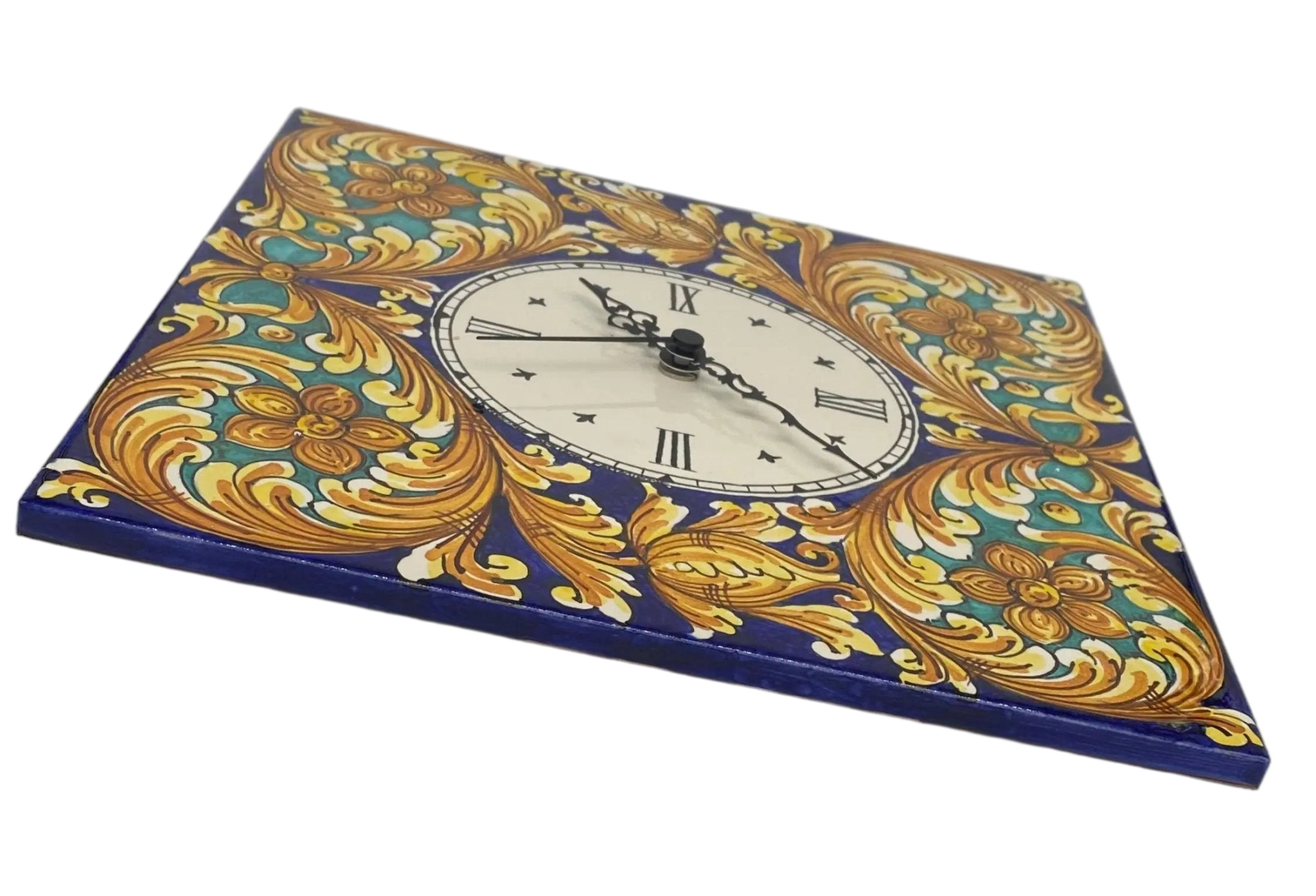 Orologio da Parete Ceramica Caltagirone Quadrato dipinto a mano Lato 30cm Decoro n.2 - DD CERAMICHE SICILIANE